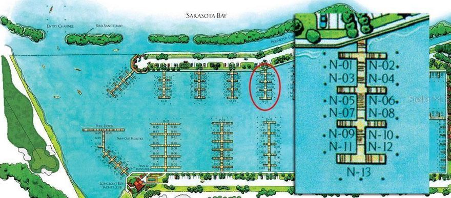 Great east bank location at Longboat Key Club Moorings for this 45 x 20 ft. slip in the marina. Direct access to Sarasota Bay and the ICW. The deep water marina is as much a luxury resort as any other neighborhood on the island, thanks to individual slip ownership, a Mediterranean-style village that includes restaurants, shopping (close to Publix, CVS, and other specialty shops), recreational and social activities, and discreet, on-site maintenance and concierge services. Electric, water and wireless internet access at each slip. Free shuttle to St. Armand's Circle. The Marina has everything a boater could need. Buyer may join the Longboat Key Club for an additional fee. A current photo of the vessel must be provided, and the vessel approved by the Association before entering the marina.  The longest boat permitted in this slip is 40 feet. Beam depends on the make/model of the vessel.