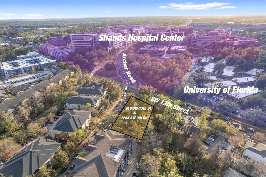 One of a kind location!  2 houses on .62 acres directly on the SW 13th Street and Archer Road intersection!  949 SW 13th Street and 1254 SW 9th Road are zoned U-9 for residential, multi-family, and commercial.  Over 138' of road frontage directly on SW 13th Street.  Exclusive opportunity to own 2 upgraded houses right across the street from UF and Shands, and just 1 block from Sorority Row.  Frontage on SW 13th Street and SW 9th Road, which total over 20,000 combined AADT.  Located in the Opportunity Zone with high density zoning, this is a perfect property to hold as a long-term investment with value-add opportunities. Lots of potential for future development. Both houses have real wood floors, upgraded kitchens, large rooms, and outdoor decks. Plenty of parking available. 949 SW 13th has 4 bed/2 baths, on .39 acres, 2,097 sq. ft., newer kitchen w/quartz counters, stainless appliances, newer cabinets, newer roof in 2021, re-piped in 2021, and newer paint. 1254 SW 9th Rd is a 6 bed/4 bath house with 2,069 sq. ft. on .23 acres, newer a/c unit, newer kitchen with stainless appliances and new cabinets. Current Income of $12,000/month triple net lease through 7/31/2026.  Owner financing available.