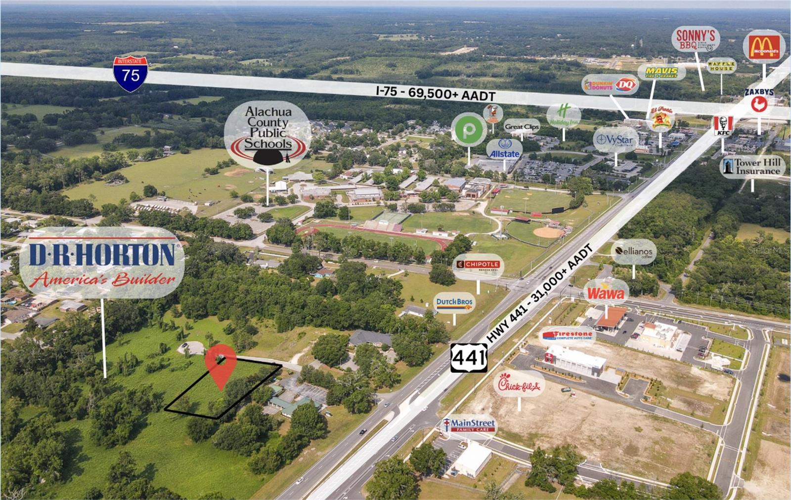 Located in growing Alachua, FL, this 0.66-acre Business Intensive (BI) zoned parcel, is ideally situated within the Horizon Office Park plat in the heart of Alachua's rapidly expanding commercial district. Located directly behind Renasant Bank off U.S. Highway 441, this property offers exceptional visibility and accessibility in a high-traffic area experiencing significant development such as the adjacent newly opened Wawa, FireStone Tires, Urgent Care, and future sites of Chick-fil-a, Chipotle, Dutch Bros Coffee and more. This 0.66 acre site also backs up to the new 306 acre "Briarwood Town Center" mixed use development by D.R. Horton slated to bring 968 new homes to the area amongst a plethora of other burgeoning residential projects. Utilities are on site, and the adjacent development will bring sewer tie-ins conveniently within reach.
This site is conveniently located just off 441 and less than a mile from I-75 making for an extremely easy commute for employees and customers regardless of location.
Key Features:
Strategic Location: Positioned across from the upcoming Wawa development, which includes national retailers such as Firestone Tires and a planned Chick-fil-A, Chipotle and Dutch Bros Coffee, attracting consistent consumer traffic.
Infrastructure Ready: Backs up to D.R. Horton's newly developed Briarwood Town Center, a 306.34-acre project slated for 948 homes, ensuring sewer tie-ins along with the existing on-site utilities
One of the only existing, platted professional office parks west of I-75
Excellent Accessibility: Less than one mile from I-75, providing convenient access for employees and customers.
Don't miss this exceptional opportunity to establish your presence in one of Alachua's most dynamic commercial corridors. With immediate access to major highways and surrounded by thriving businesses, this parcel is primed for development.
Contact Caleb Noble for more information