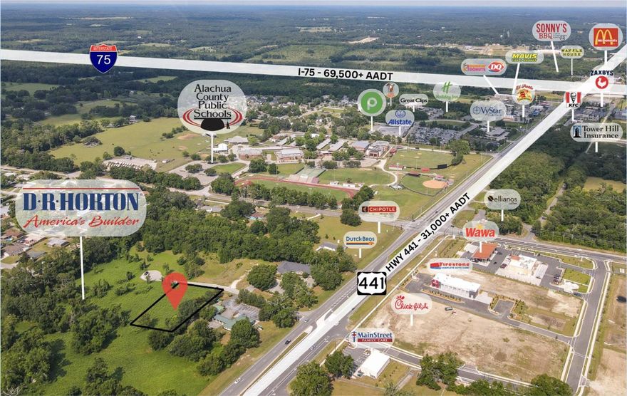 Located in growing Alachua, FL, this 0.66-acre Business Intensive (BI) zoned parcel, is ideally situated within the Horizon Office Park plat in the heart of Alachua's rapidly expanding commercial district. Located directly behind Renasant Bank off U.S. Highway 441, this property offers exceptional visibility and accessibility in a high-traffic area experiencing significant development such as the adjacent newly opened Wawa, FireStone Tires, Urgent Care, and future sites of Chick-fil-a, Chipotle, Dutch Bros Coffee and more. This 0.66 acre site also backs up to the new 306 acre "Briarwood Town Center" mixed use development by D.R. Horton slated to bring 968 new homes to the area amongst a plethora of other burgeoning residential projects. Utilities are on site, and the adjacent development will bring sewer tie-ins conveniently within reach.

This site is conveniently located just off 441 and less than a mile from I-75 making for an extremely easy commute for employees and customers regardless of location. 

Key Features:

Strategic Location: Positioned across from the upcoming Wawa development, which includes national retailers such as Firestone Tires and a planned Chick-fil-A, Chipotle and Dutch Bros Coffee, attracting consistent consumer traffic.

Infrastructure Ready: Backs up to D.R. Horton's newly developed Briarwood Town Center, a 306.34-acre project slated for 948 homes, ensuring sewer tie-ins along with the existing on-site utilities

One of the only existing, platted professional office parks west of I-75

Excellent Accessibility: Less than one mile from I-75, providing convenient access for employees and customers.

Don't miss this exceptional opportunity to establish your presence in one of Alachua's most dynamic commercial corridors. With immediate access to major highways and surrounded by thriving businesses, this parcel is primed for development.

Contact Caleb Noble for more information