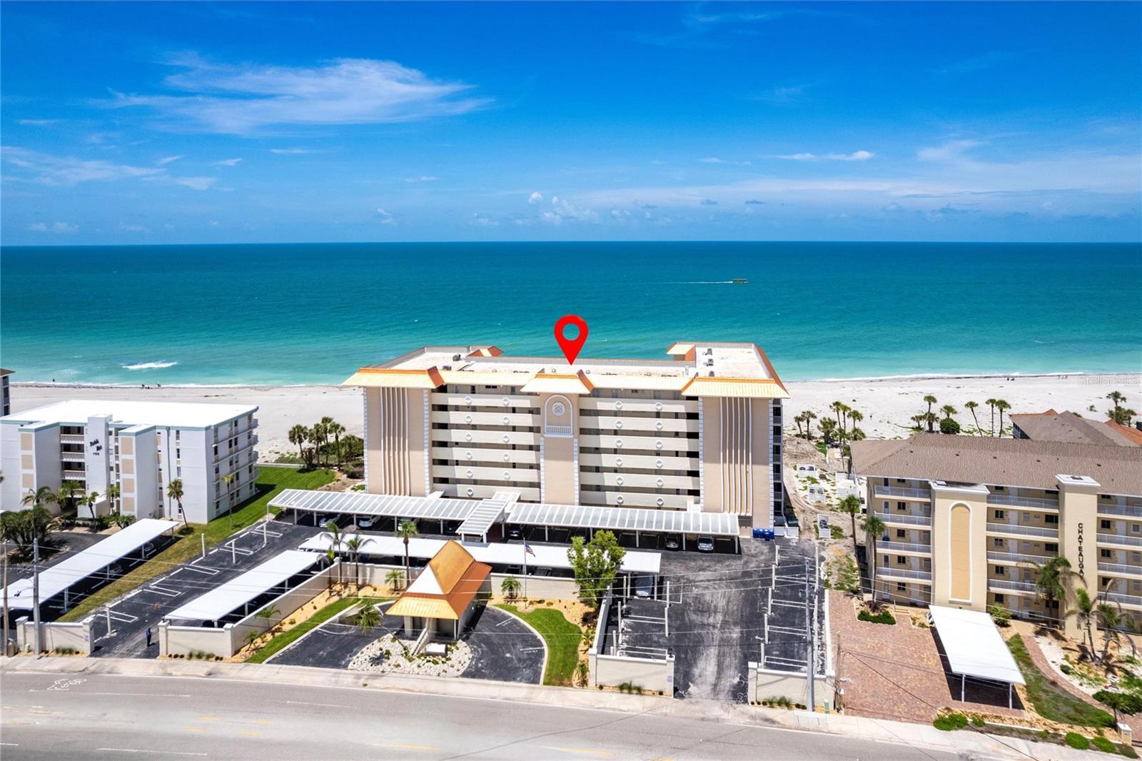 The first thing to ask yourself every morning: Shall I walk out my back door to the POOL or the BEACH? This roomy and bright 2 bed, 2 bath condo offers a serene blend of indoor comfort and outdoor luxury. Easy access to your private patio, extending your living space into the beautiful outdoors where you can step right onto the beach. The kitchen has been completely renovated with quartz countertops and stainless steel appliances! Living room has great size and decorative fireplace. New HVAC will soon be installed, at no cost to you. New hot water heater and sliding glass doors. The unit has 1 private assigned parking space! This elegant building offers a newly remodeled community room with full kitchen for your private parties, TV, game tables for playing cards or games with your friends, book exchange, sliding glass doors out to common grounds and saltwater pool, two separate dual full baths with showers off the pool grounds, barbecue grill, lounge chairs, table, chairs, poolside umbrellas, beach showers, bike rack, canoe and kayak rack, and private indoor mailbox area. There are six laundry rooms available plus hookups in the unit for private laundry. Nestled on Historic Venice Island, you're not just buying a condo; you're embracing a lifestyle. With easy access to dining, shopping, live music, yoga on the beach, boating and other outdoor activities, this location is unbeatable for those looking to enjoy the Southwest Gulf Coast of Florida. Marina and Venice Yacht Club right across the street. Freedom Boat Club a block away. Seize the opportunity to own a slice of paradise on Venice Island. Ideal for those seeking a vacation home, a permanent residence, or a rental investment. We just can't wait for you to live your dream and experience the allure of beachfront living at The Towers. Private storage cage, 5-by-4-foot, to lock personal items, bikes and more. 2-pet friendly policy and minimum 3-month rental rule provide flexibility for owners. No special assessments in the pipeline. All previous paid for. Carport roofs to be done shortly. Building earmarked to be painted. Furniture negotiable in unit.