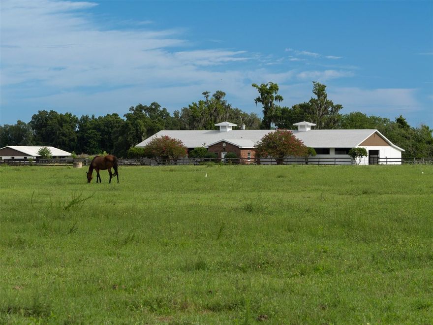 Situated in the Golden Corridor of NW Marion County, this expansive horse farm covers 100.68 acres of rolling hills and beautiful Grand Daddy Oaks. Just 13.1 miles from the World Equestrian Center, the property offers a wealth of equestrian facilities. The farm includes 4 training barns with a total of 92 stalls. Training amenities feature two round pens, a hot walker, and a 5/8+ mile race track. Additional accommodations comprise a 1-bedroom, 1-bathroom apartment in one of the barns, an office in another, and two mobile homes. While the farm is well-equipped for equestrian activities, it presents an excellent opportunity for those looking to invest in a property with potential and the chance to add their personal touch. Additional acreage available.