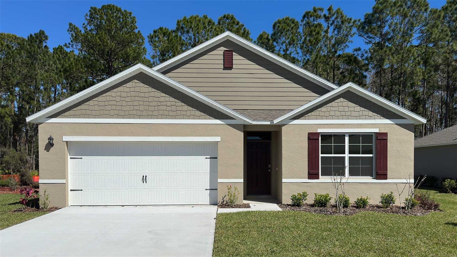 Under Construction. The popular one-story Cali floorplan offers 4-bedrooms, 2-bathrooms, a 2-car garage with 1,882 sq ft of living space. The open layout connects the living room, dining area, and kitchen, ideal for entertaining. The kitchen boasts granite countertops, stainless-steel appliances, a walk in pantry and a spacious island. The four spacious bedrooms gives flexibility for various lifestyles. The primary suite located in the rear of the home features a private ensuite bathroom with dual sinks, a separate shower, and a walk-in closet. The remaining three bedrooms share one well-appointed bathroom, making morning routines a breeze. Laundry room is convenient to all bedrooms. This all concrete block construction home also includes smart home technology for control via smart devices.
*Photos are of similar model but not that of exact house. Pictures, photographs, colors, features, and sizes are for illustration purposes only and will vary from the homes as built. Home and community information including pricing, included features, terms, availability and amenities are subject to change and prior sale at any time without notice or obligation. Please note that no representations or warranties are made regarding school districts or school assignments; you should conduct your own investigation regarding current and future schools and school boundaries.*