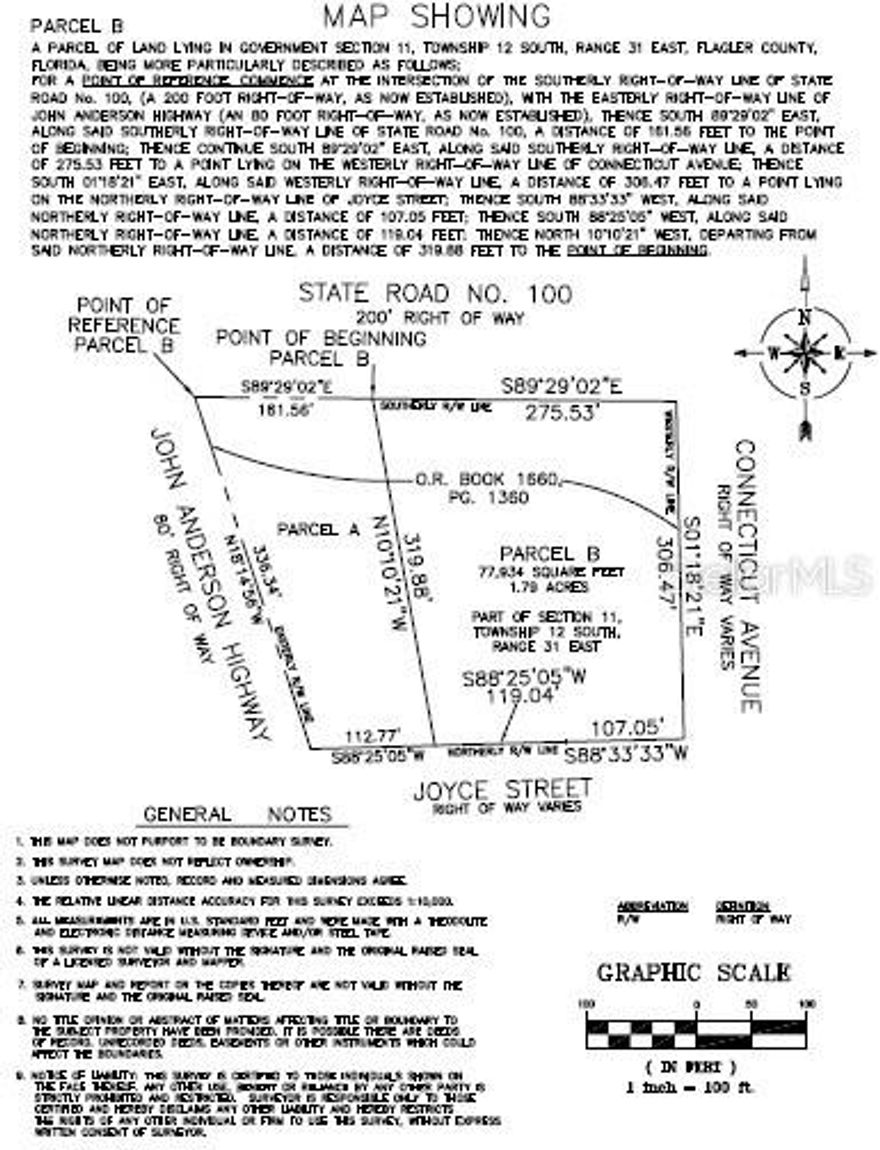 Prime Commercial Property location on signal corner, State road 100 (Moody Drive) and John Anderson. This is a Fast-growing area. Opposite Beach Village Shopping Plaza, with Publix, Suntrust, Vystar, 7-11, Tire Store and Dental office, Several restaurants and stores. Southwest corner has a CVS and Sherwin Williams. Northwest corner will be a Veterinary Clinic. Several new housing subdivisions are being built to the North and South. First commercial property West of bridge.(169ft). Only bridge to beach within 6 miles. This is not an outparcel or part of an association. Parcel B is bordered by roads on 3 sides, SR100(276ft), Connecticut Ave(306ft), and Joyce St (242ft). Zoned General Commercial allows for many options. No Wetlands, Very high, Excellent drainage, Soil tests available on request. Adjacent lot A sold to Upscale CALIBER Carwash.