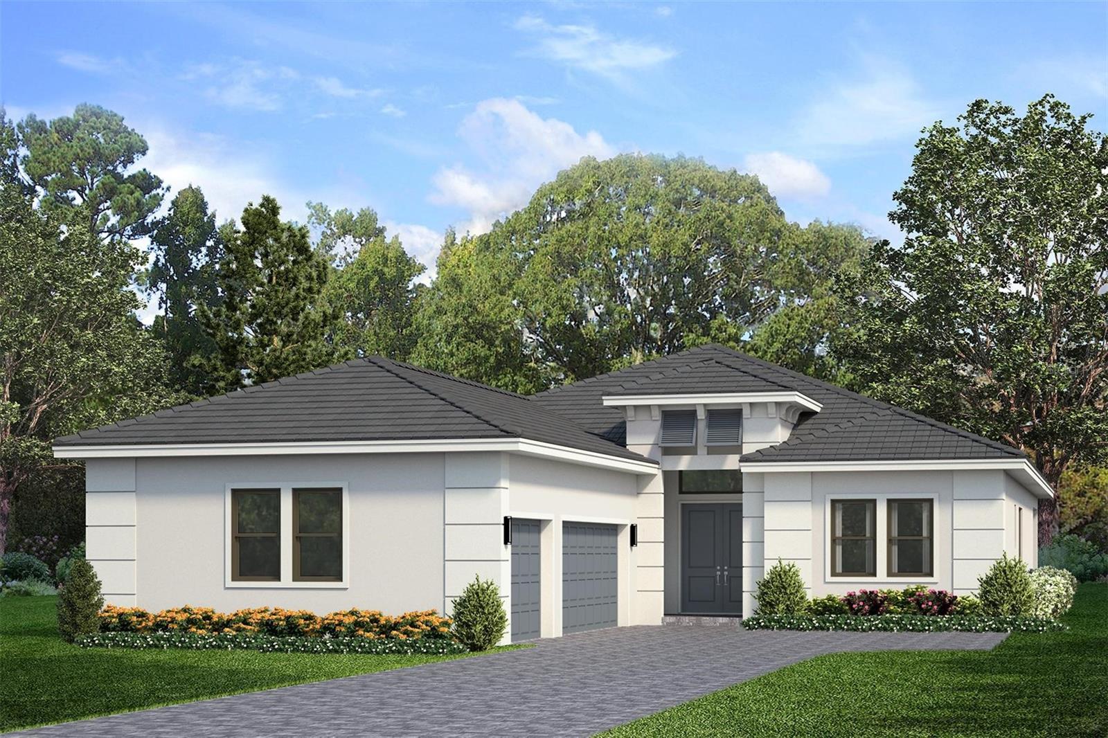 ***NEW CONSTRUCTION***Rendering used for reference*Step into the Santa Rosa, a spacious single-story floor plan offering 3 bedrooms, 3 bathrooms, a private den, and a 3-car garage. Through its double-door front entry, the home opens to an expansive gathering space filled with natural light from two large sliding glass doors. The rear kitchen layout is ideal for entertaining, featuring GE stainless steel appliances, quartz countertops, ample cabinetry, and a large island with seating for four. Luxury tile flooring extends through the main living areas, den, and primary suite.
The owner’s suite is privately located at the rear of the home and features a coffered ceiling, oversized walk-in shower, dual vanities with quartz countertops, and a large walk-in closet. Two secondary bedrooms are positioned at the front of the home for added privacy. Additional upgrades include impact glass throughout, a drop zone, floor outlet, and pre-plumbing for a future pool and summer kitchen. A privacy wall enhances the covered lanai, which overlooks tranquil pond and preserve views, perfect for relaxing or entertaining.