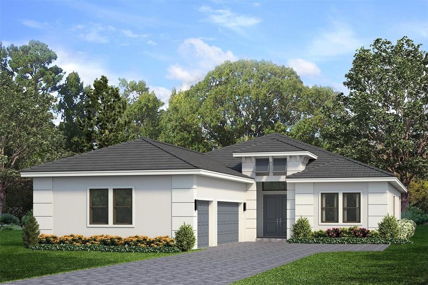***NEW CONSTRUCTION***Rendering used for reference*Step into the Santa Rosa, a spacious single-story floor plan offering 3 bedrooms, 3 bathrooms, a private den, and a 3-car garage. Through its double-door front entry, the home opens to an expansive gathering space filled with natural light from two large sliding glass doors. The rear kitchen layout is ideal for entertaining, featuring GE stainless steel appliances, quartz countertops, ample cabinetry, and a large island with seating for four. Luxury tile flooring extends through the main living areas, den, and primary suite.
The owner’s suite is privately located at the rear of the home and features a coffered ceiling, oversized walk-in shower, dual vanities with quartz countertops, and a large walk-in closet. Two secondary bedrooms are positioned at the front of the home for added privacy. Additional upgrades include impact glass throughout, a drop zone, floor outlet, and pre-plumbing for a future pool and summer kitchen. A privacy wall enhances the covered lanai, which overlooks tranquil pond and preserve views, perfect for relaxing or entertaining.