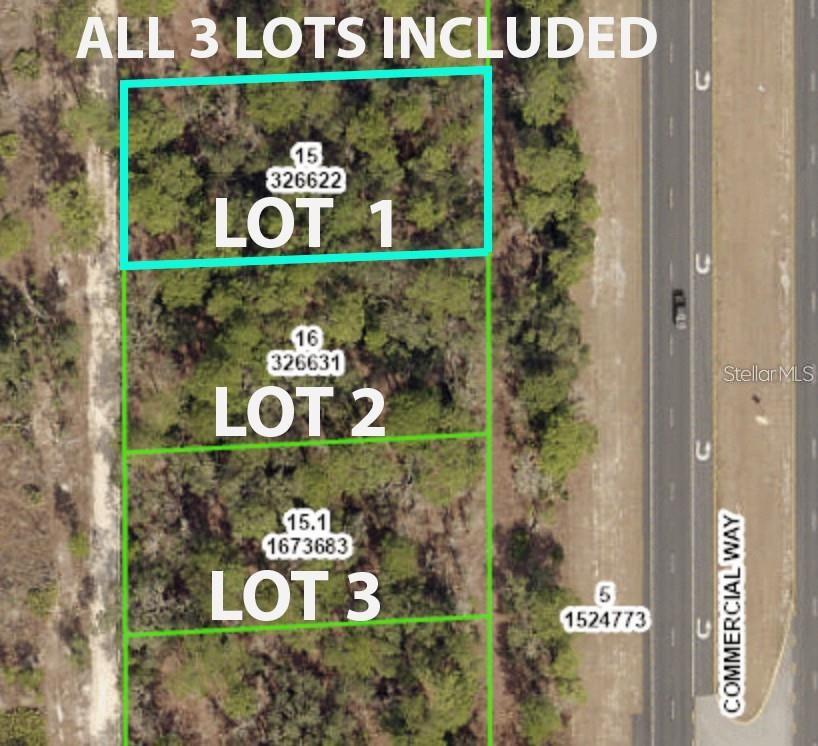 Three contiguous, C1-zoned lots totaling 300 ft frontage on US 19/Commercial Way, south of Thrasher Ave, just north of Ponderosa Trl. Each lot is 100x200 (approx. 1.38 acres total). High visibility, easy access, and excellent development potential for various commercial uses. Parcel IDs: R13 421 17 0000 0150 0000, R13 421 17 0000 0160 0000, R13 421 17 0000 0150 0010. Key Numbers: 326622, 326631, 1673683. All three lots included in sale.