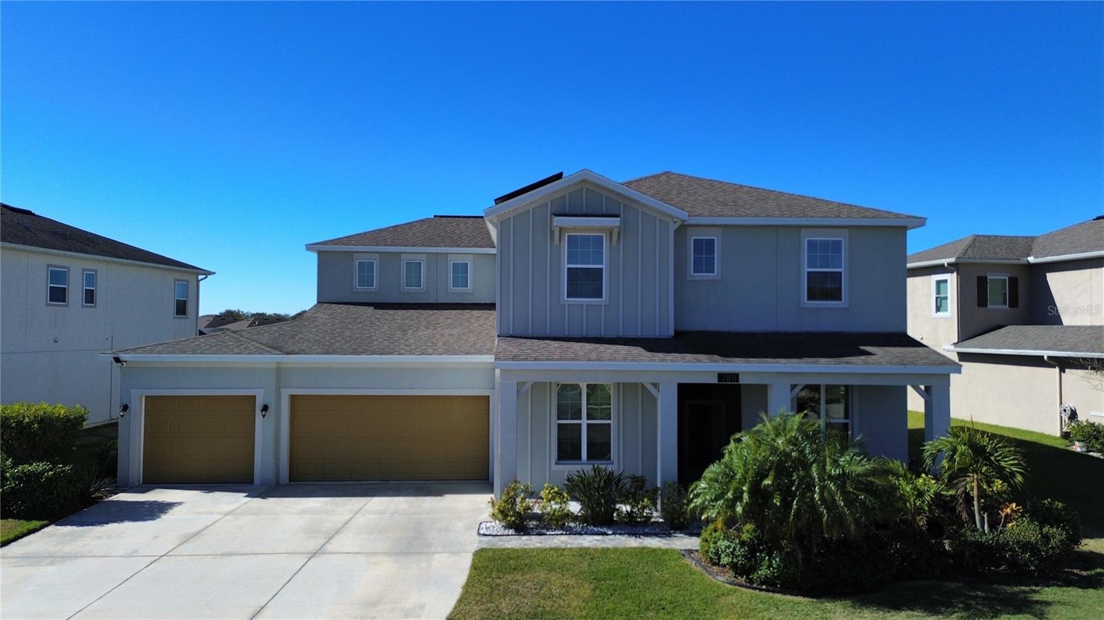 This home has a $40,000 solar panel system installed. The new owner will own a free clear solar panel system!!! Welcome to 7811 Roma Dune Dr! Built in 2019, this meticulously maintained 4-bedroom, 3.5-bathroom home features a 3-car garage plus an office. The front porch has been beautifully upgraded with stone flooring and a screened enclosure, adding both charm and functionality. Step inside to a spacious foyer, where you’ll find a den/office/sitting area to the Right. As you move further in, the oversized formal dining room immediately catches your eye—it’s large enough to fit a table for up to ten guests. With direct access to the kitchen, entertaining during the holidays has never been more convenient. The chef’s kitchen is a dream, featuring ample cabinet space, a butler’s pantry, and a separate walk-in pantry for ultimate storage. Both the kitchen and bathrooms are adorned with granite countertops, adding a touch of luxury. Stainless steel appliances, including a range hood that vents outside, enhance functionality. Whether dining in the formal dining room or the casual café area, there’s plenty of seating for everyone. The open-concept layout allows you to cook while keeping an eye on the game in the adjacent living room/gathering area. From the living room, large sliding glass doors lead to the screened-in lanai, a perfect spot to enjoy the crisp Florida air. This outdoor retreat overlooks a beautiful pond, making it an ideal setting to unwind while admiring stunning pink and purple sunsets in the fall and winter months. The primary suite is privately situated at the back of the home, away from the other bedrooms. It boasts an en suite bathroom with double sinks, dual showers, and an oversized walk-in closet. The home features tile flooring on the first floor and luxury vinyl on the second floor, offering both style and durability. This home has 2019-installed solar panel system, which fully covers all electricity costs, providing both environmental benefits and long-term savings. This home is walking distance to the Lagoon, allowing you to enjoy resort-style living every day! The Epperson HOA fee is only $247/quarter, covering cable and the nation’s fastest internet, Ultra-Fi. The Crystal Lagoon Membership Fee is an additional $107/quarter.