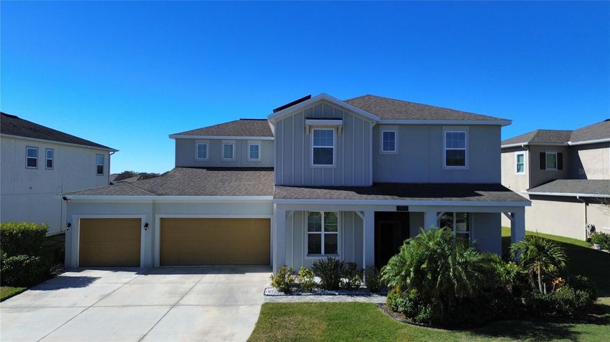 This home has a $40,000 solar panel system installed. The new owner will own a free clear solar panel system!!! Welcome to 7811 Roma Dune Dr! Built in 2019, this meticulously maintained 4-bedroom, 3.5-bathroom home features a 3-car garage plus an office. The front porch has been beautifully upgraded with stone flooring and a screened enclosure, adding both charm and functionality. Step inside to a spacious foyer, where you’ll find a den/office/sitting area to the Right. As you move further in, the oversized formal dining room immediately catches your eye—it’s large enough to fit a table for up to ten guests. With direct access to the kitchen, entertaining during the holidays has never been more convenient. The chef’s kitchen is a dream, featuring ample cabinet space, a butler’s pantry, and a separate walk-in pantry for ultimate storage. Both the kitchen and bathrooms are adorned with granite countertops, adding a touch of luxury. Stainless steel appliances, including a range hood that vents outside, enhance functionality. Whether dining in the formal dining room or the casual café area, there’s plenty of seating for everyone. The open-concept layout allows you to cook while keeping an eye on the game in the adjacent living room/gathering area. From the living room, large sliding glass doors lead to the screened-in lanai, a perfect spot to enjoy the crisp Florida air. This outdoor retreat overlooks a beautiful pond, making it an ideal setting to unwind while admiring stunning pink and purple sunsets in the fall and winter months. The primary suite is privately situated at the back of the home, away from the other bedrooms. It boasts an en suite bathroom with double sinks, dual showers, and an oversized walk-in closet. The home features tile flooring on the first floor and luxury vinyl on the second floor, offering both style and durability. This home has 2019-installed solar panel system, which fully covers all electricity costs, providing both environmental benefits and long-term savings. This home is walking distance to the Lagoon, allowing you to enjoy resort-style living every day! The Epperson HOA fee is only $247/quarter, covering cable and the nation’s fastest internet, Ultra-Fi. The Crystal Lagoon Membership Fee is an additional $107/quarter.