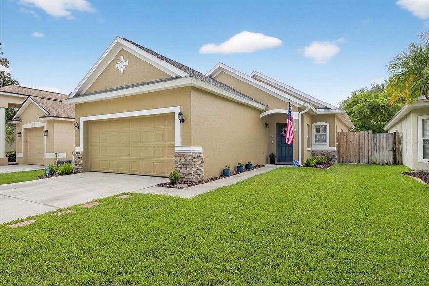 Charming light and bright home in Covington Park in Apollo Beach.  This beautiful home has porcelain tile throughout the main living areas, open floor plan, large primary bedroom with bath ensuite, 2 additional bedrooms and bathroom.  Spacious lanai extends the full length of the home looking out onto the private fenced in grassy yard.  New landscaping, newer roof (2020), new AC (2025),  upgraded insulation for energy efficiency, newer fencing (2023), new exterior painting (2025), plantation shutters, security system (2025).  Covington Park offers a community pool, playground and tennis courts.