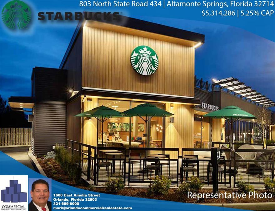 We are Pleased to present this Brand New Construction Starbucks with SUPER RARE 15-year Corporate Guaranteed Lease. Completion Date March 2026. This INCREDIBLE Investment Opportunity comes with a BRAND NEW 15-year Corporate Guaranteed Lease AND Four 5-year Extension Options with a 10.00% Escalation Every 5 Years. NN Lease with Starbucks is responsible for most everything. Starbucks is a Self-Maintain Tenant - they pay real estate taxes and insurance as well as their own maintenance and repairs. Starbucks Corporation is an American Multi-National Coffee House headquartered in Seattle, Washington. It is the WORLDS LARGEST Coffee Chain!  SUPER HIGH Visibility and Traffic Count Located in Extremely Desirable Altamonte Springs is a Suburb just East of Orlando, Florida - TREMENDOUS High Growth Area. There are 16,854 Starbucks Stores in the United States as of December 15, 2025. The Starbucks 15 Year Lease Combined with the Corporate Guarantee and One of the BEST Locations in Central Florida Make this Investment a RARE Opportunity and EXTRAORDINARY Purchase for a 1031 Exchange or an Investor looking for a Very Safe Long-Term "Mail-Box" Rent Delivered ON TIME Every Month Worry Free and GUARANTEED by a Fortune 500 Company Ranked 126 in 2026!!