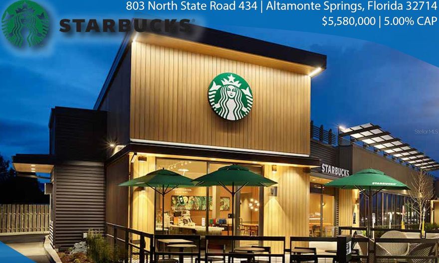 We are Pleased to present this Brand new construction Starbucks with SUPER RARE 15-year lease. Completion Date February 2026. Comes with a brand New 15-year lease, (4) 5-year extension options, 10 percent annual Escalation, 5.00 percent CAP RATE and NN lease type. Starbucks is covering everything except for the roof, structure, and any major capital and improvements. Starbucks is a self-maintain tenant and they pay taxes and insurance.

Starbucks corporation is an American multinational chain of coffeehouses and roastery reserves headquartered in Seattle, Washington. It is the WORLDS LARGEST Coffehouse Chain! 
 
Altamonte Springs is a suburban city in Seminole County, FL with a population of just over 46,000.