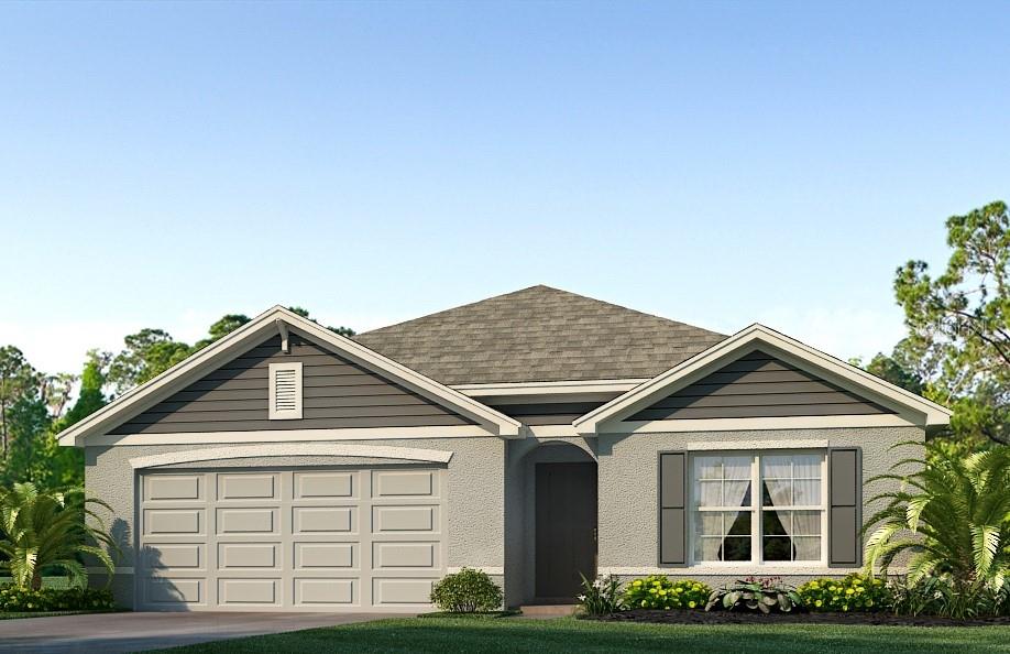 One or more photo(s) has been virtually staged. Under Construction. This all concrete block constructed, one-story layout optimizes living space with an open concept kitchen overlooking the living area, dining room, and the outdoor covered lanai. The well-appointed kitchen comes with all appliances, including refrigerator, built-in dishwasher, electric range, and microwave. Bedroom 1, located at the back of the home for privacy, has an ensuite bathroom. Two additional bedrooms share the second bathroom. The third bedroom is located near the laundry room, which is equipped with included washer and dryer. Pictures, photographs, colors, features, and sizes are for illustration purposes only and will vary from the homes as built. Home and community information including pricing, included features, terms, availability and amenities are subject to change and prior sale at any time without notice or obligation. CRC057592.