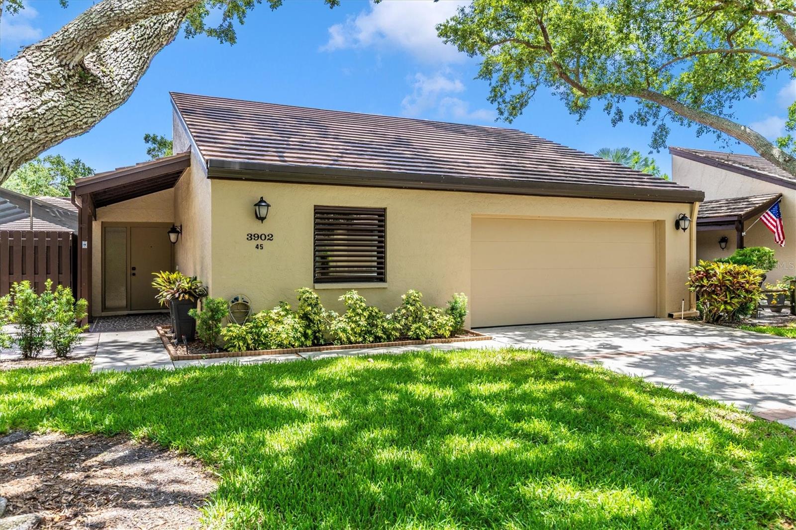 AVAILABLE for IMMEDIATE OCCUPANCY! Courtyard HEATED POOL home with quartz counter tops and extra Kitchen cabinet space in Glen Oaks Manor This two bedroom, two bathroom, two car garage home has open, split floorplan, atrium and sliding glass doors to walk out poolside. Primary bedroom sliding glass doors open to pool area, en-suite full bath, walk in closet, two ceiling fans with remotes and LED lights. Sliding glass doors walk out to pool area. Bedroom furniture suite with new mattress available for tenant use, if desired. Inside laundry room includes clothes washer and clothes dryer, cabinet space and desk/work space. Home has been well maintained. Includes Video doorbell. One small dog allowed. Owner responsible for cost of pool care. lawn care provided. Glen Oaks Manor is known for winding streets and walking paths under the shade of oak tree canopies, lakes with gazebos to relax and enjoy the view. Convenient loaction is just 3 miles to downtown Sarasota or University Town Center Mall; 4 miles to I-75; 5 miles to famous St. Armand's Circle, Lido Beach or on to Siesta Key Beach voted #1 in USA.