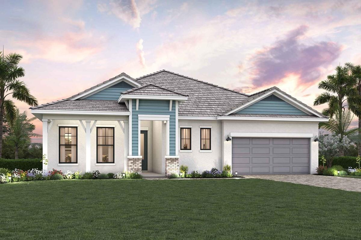 Under Construction. Welcome to the Ruby Tail, a beautifully designed floorplan by David Weekley Homes in Palmera that combines modern luxury with thoughtful functionality. This spacious home features four bedrooms and three and a half bathrooms, including a private en suite in the fourth bedroom—perfect for guests or multigenerational living. A large study offers the ideal space for a home office, library, or creative retreat.
Flooded with natural light from numerous hurricane impact windows, the interior feels bright and airy throughout. At the heart of the home, you'll find a massive kitchen with an oversized island, an abundance of cabinetry, and a unique coffee and wine bar nook that adds a touch of charm and convenience. The open-concept living room flows seamlessly to the extended lanai through sliding glass doors, providing stunning water views and an ideal setting for outdoor relaxation or entertaining. The extra-large owner’s suite offers a true retreat with a spacious layout and an impressively sized walk-in closet.
This home also includes lawn and irrigation maintenance, along with a TV and high-speed WiFi package, so you can enjoy low-maintenance living from day one. Community amenities are resort-caliber, featuring a sparkling pool, a state-of-the-art fitness center, pickleball courts, a golf simulator, and a full-time lifestyle director to help you make the most of every day.
Located just 15 minutes from the beach, this home is your opportunity to embrace the best of Florida living in a vibrant, active community.