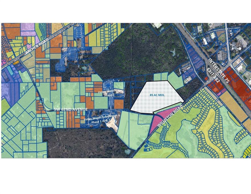 Prime Development Acreage in SW Alachua County! Welcome to a rare opportunity to own 85 acres MOL of prime development land in SW Alachua County, just minutes from I-75. This expansive property boasts road frontage on Williston Rd and SW 62nd Ave, offering convenient access to major transportation routes, and proximity to Interstate 75. Currently zoned for agriculture, this parcel holds immense potential with its future land use designation of light industrial. However, with the ease of conversion to residential zoning, envision a community of 1-4 rooftops/acre gracing this picturesque landscape. Furthermore, potential for annexation into the City of Gainesville opens the door to even higher residential density possibilities, such as the multifamily development just across SW 62nd. With public utilities
 readily available to the property, the groundwork is laid for seamless development. Whether you're an investor seeking a lucrative opportunity or a developer looking to leave your mark on this burgeoning region, this property offers endless potential. Don't miss out on one of the last large multipurpose tracts of land in this rapidly growing area.
