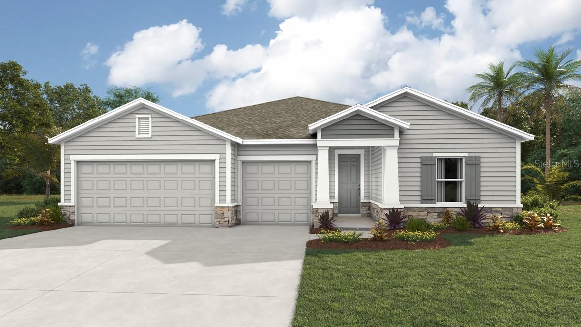 One or more photo(s) has been virtually staged. Under Construction. This one-story home features a large great room with a formal dining room and a well-appointed kitchen with a dinette, all of which overlook a spacious covered lanai that is perfect for extending entertaining space outdoors. This single-story plan features two bedrooms that share a jack-and-jill full bathroom and which are located at the front of the home. The multi-gen living space is located beyond the powder bath and laundry room. Bedroom 1 with an ensuite bath, is located on the back of the home for privacy, offering beautiful views of the backyard. This home includes a stainless-steel range, microwave, and dishwasher. Pictures, photographs, colors, features, and sizes are for illustration purposes only and will vary from the homes as built. Home and community information including pricing, included features, terms, availability and amenities are subject to change and prior sale at any time without notice or obligation. CRC057592.