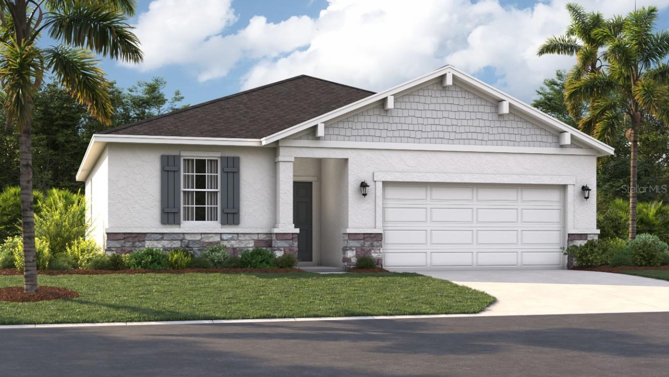 One or more photo(s) has been virtually staged. Under Construction. Located in the heart of Eustis and a short drive from downtown Mount Dora, Hidden Cove offers easy access to a variety of shopping, dining, and entertainment options. This peaceful, secluded neighborhood is surrounded by the stunning beauty of multiple lakes, including Lake Eustis, the focal point of the Harris Chain of Lakes, and West Crooked Lake, right next door. With numerous parks and golf courses nearby, you'll never run out of outdoor recreational opportunities. At Hidden Cove, enjoy the perfect balance of living in a private neighborhood near tranquil lakes, quaint downtown areas, and many local attractions.
The Portland is the perfect floorplan to take advantage of the Florida lifestyle. In this home, guests are greeted by a covered entryway that leads to a spacious living room on the main level. No matter where you are in this space, the open floor plan is a great place to entertain family and friends. The kitchen island allows for natural movement through the main level, keeping the kitchen as the focal point of the home. Two spacious bedrooms share a bathroom on the main level, and the true showcase of this home is the primary suite, which offers utmost luxury and privacy. It has everything you need with dual vanities, a large walk-in closet, and a walk-in shower. This home is an oasis for those looking for a new construction home, built for the way you live!