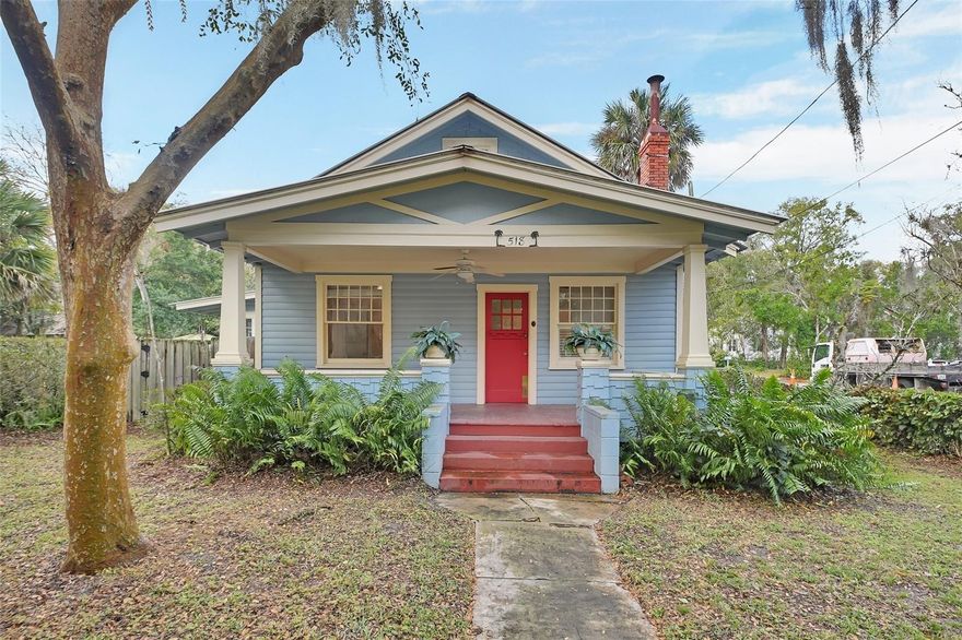 One or more photo(s) has been virtually staged. Charming Historic Craftsman Bungalow — Just Blocks from Stetson University and Downtown DeLand Florida. This 1921 Built home is located just 1 block North of the Famous W. Minnesota Ave. Discover timeless character and convenience in this beautifully maintained Craftsman bungalow, ideally located within walking distance to, vibrant downtown DeLand scene — where events and entertainment are always just steps away! Also near, medical facilities, shopping, restaurants.  Enjoy peaceful mornings on your spacious covered front porch, perfect for relaxing with coffee or greeting neighbors. The updated kitchen features a gas range, ample counter & cabinet space. There are Laminate floors in the Kitchen, Living & Dining Rooms. The Primary Bedroom has real wood floors. The full bath has a tub / shower combination with a Pedestal sink. The Florida Room looks over the fenced backyard. This Classic home features an upstairs bonus / bedroom (no closet) room with over 500 square feet with many possibilities as well as attic access. This home has central heat & air, wall units were because owner likes it cold. One Huge Bonus is the 12 x 24 Garage / Workshop which has electricity. Schedule your appointment today.