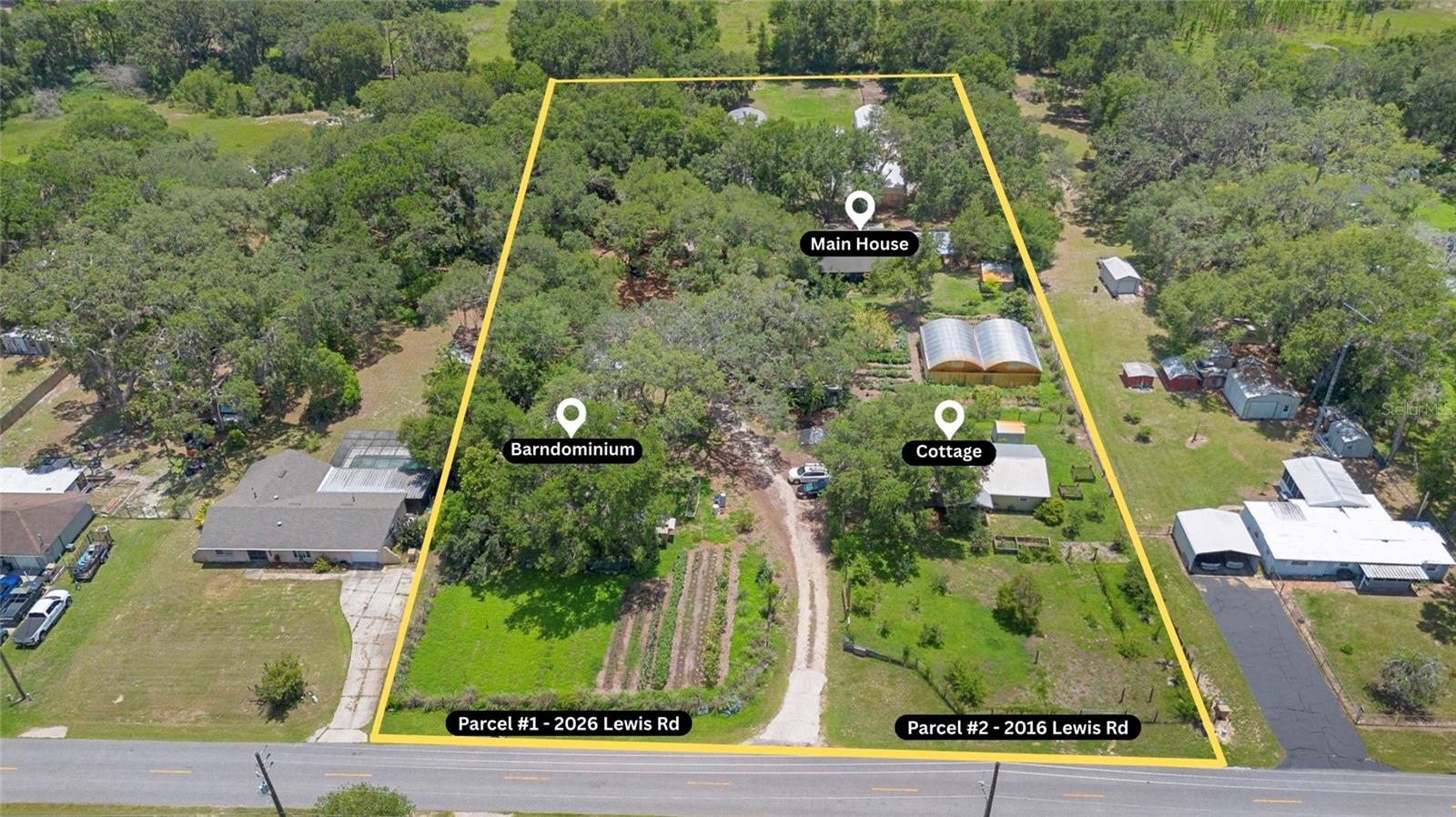 Step Into Your Legacy at Dirty Dog Organic Farm in Leesburg, Florida - Central Florida’s Premier Organic Paradise. This thriving, income producing farm spans nearly four acres across two lush parcels at 2026 and 2016 Lewis Road. Meticulously cultivated for sustainability and profitability, this is more than a property, it’s a lifestyle rooted in purpose, community, and opportunity. Dirty Dog Organic Farm has attracted Central Florida families and agritourism seekers from around the world. With a full-price sale, the estate is turn key: Three fully furnished homes which can be utilized for short term vacation rentals, a custom e-commerce business with website, integrated POS, a loyal customer database, a Facebook page with 7,000+ followers, partnerships with the USDA, University of Florida, and local sustainability programs. Personalized transition support ensures a seamless handover as you step into your new role as steward of this flourishing farm and brand. The farm property features over 20,000 sq ft of organic growing plots and 10,000+ sq ft of greenhouse space supporting regenerative farming. An automated irrigation system, composting zones, raised beds, and a dedicated grow shed fuel the thriving microgreens business. A koi pond beneath a pergola provides tranquility and is ready for aquaponics. Twelve fruit varieties—including citrus, figs, guava, grapes, persimmons, bananas and more, flourish alongside herbs, wildflowers, marigolds, and nasturtiums. Three fully furnished residences totaling 4,450 sq ft provide 8 bedrooms and 4 bathrooms, blending charm, comfort, and income potential. The 2007-built main home includes 4 bedrooms, 2 baths, eco-block construction, open-concept layout, sunroom, walk-in closet, dual-head shower, garden tub, screened porch, pet enclosure, and scenic views. A deep well with new pump and hydrogen peroxide filtration ensures organic water quality. The 2021-renovated guest cottage provides 2 bedrooms, 1 bath, barn-style charm, koi pond views, and consistent 5-star Airbnb reviews. The two-bedroom, one-bath barndominium sleeps seven and is fully equipped for rental or event use, sharing a well with the cottage and featuring a water softener and hydrogen peroxide filtration. An RV hookup adds flexibility for rentals or guests. Built for scalability, infrastructure includes a 26’x50’ spray-foam insulated barndominium with HVAC and 200AMP service, ideal for a studio, workshop, or events. Three deep wells (two added in 2020) serve the homes and farm, with advanced water purification systems. The estate is fully fenced and cross-fenced, with upgraded electrical service (2021) powering greenhouses and essential systems. Residential Professional zoning and dual-parcel layout provide potential for agro-education, boutique events, retreats, or additional ventures. At Dirty Dog Organic Farm, you’re buying more than land, you’re inheriting a regionally recognized brand with diversified revenue streams and unmatched potential. Expand the microgreens operation, host weddings, chef-led farm dinners, or Airbnb retreats, or create a community-rooted lifestyle off the land. Every inch tells a story of harmony, growth, and intention. Begin your next chapter and make this amazing and unique farm property your future legacy. Showings are available by appointment, so reach out to your agent directly or call the listing agent directly to schedule your own private showing today!