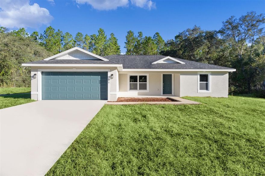 This beautiful NEW CONSTRUCTION home is complete and MOVE-IN READY! If you're looking to get away from the crowded life of the city, or the constraints of an HOA, but still remain in a convenient location within 20 minutes of The Villages and 20 minutes of Ocala, this is your place! This home has over 3,000 acres behind it, meaning NO REAR NEIGHBOR! Sit on your COVERED REAR LANAI and enjoy the views of the pine forest and its accompanying wildlife. With a COVERED FRONT PORCH as well, you'll have options for enjoying the peaceful nature around you. Step inside the home, and you will find an OPEN CONCEPT, SPLIT BEDROOM floor plan with Luxury Vinyl Plank flooring throughout. This open entertaining area has VAULTED CEILINGS adding to the spacious feeling of the room, and a ceiling fan in the living area. The dining area has sliding doors to access the lanai and back yard. The kitchen has a WALK-IN PANTRY, QUARTZ COUNTERTOPS, SAMSUNG stainless steel appliances, and a KITCHEN ISLAND WITH BREAKFAST BAR. Moving to the primary suite, you will notice its TRAY CEILING with ceiling fan, and windows looking into the back yard and the pine forest beyond. This bedroom has a large WALK-IN CLOSET, and ENSUITE BATHROOM, which features DUAL SINKS with QUARTZ COUNTERTOP, a SUNKEN CERAMIC TILE SHOWER , and a SEPARATE TOILET ROOM. Crossing to the other side of the house, you will find bedrooms 2 and 3, separated by a guest bath that also has Quartz COUNTERTOP and CERAMIC TILED TUB SURROUND. Bedrooms 2 and 3 also feature ceiling fans. This home also features INSIDE LAUNDRY and a 2-car attached garage. With its location between The Villages and Ocala, and Lake Weir and Ocala National Forest, and NO HOA, this home gives you the opportunity to live in the CENTER OF WORK AND PLAY! Call today and make this one yours, and BRING YOUR TOYS!