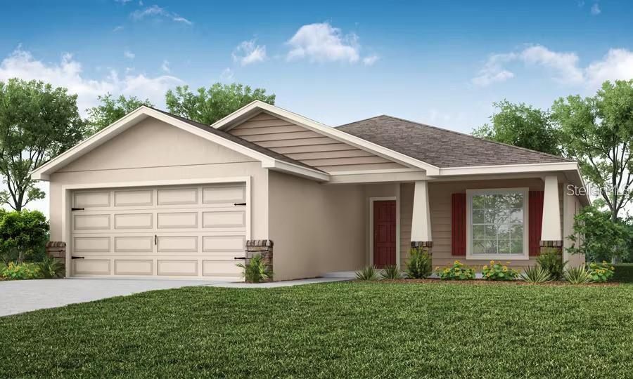 Under Construction. New construction home with 1,545 square feet on one-story including 3 bedrooms, 2 baths, and an open living area. Enjoy an open kitchen with Quartz countertops, Samsung stainless steel appliances, a walk-in pantry, and a spacious island, fully open to the dining café and gathering room. The living area, laundry room, and baths include luxury wood vinyl plank flooring, with stain-resistant carpet in the bedrooms. Your owner's suite is complete with a walk-in wardrobe and a private en-suite bath with dual vanities, a tiled shower, and a closeted toilet. Plus, enjoy a covered lanai, 2-car garage, custom-fit window blinds, architectural shingles, energy-efficient insulation and windows, and a full builder warranty. "Please note, virtual tour/photos showcases the home layout; colors and design options in actual home for sale may differ. Furnishings and décor do not convey.