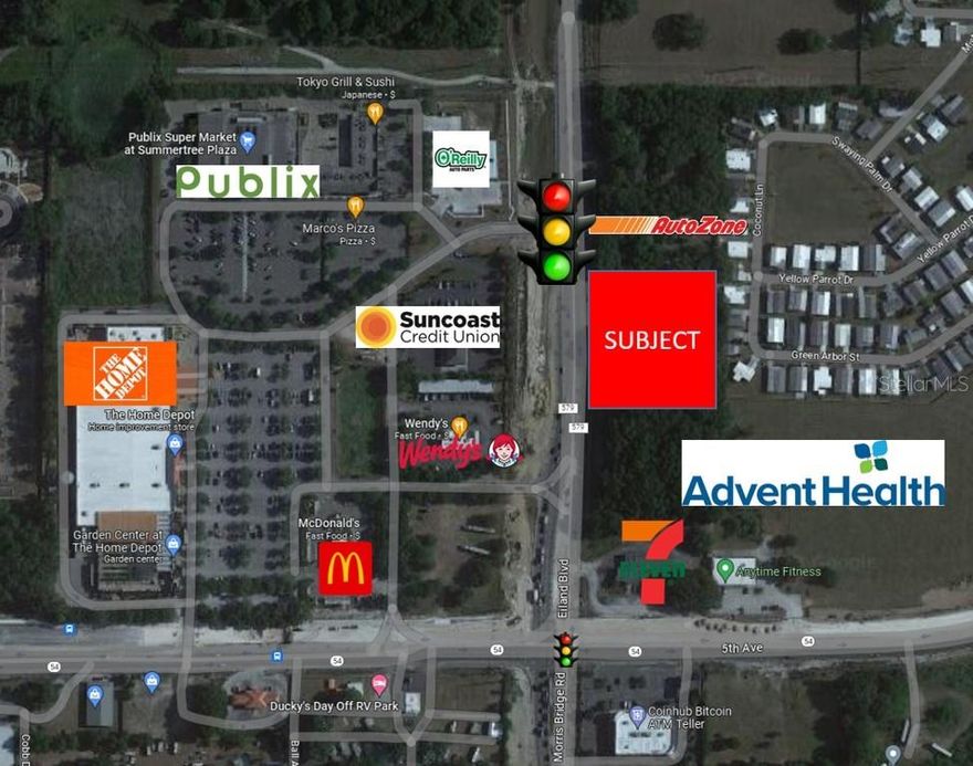 Presenting a prime commercial development opportunity in one of the most sought-after retail corridors of Wesley Chapel ideally situated at the high-traffic intersection of Eiland Boulevard/Morris Bridge Road and State Road 54. Zoned C-2, the property offers flexible use options and excellent visibility with right-in/right-out access and additional connectivity to a nearby signalized intersection. Surrounded by established national retailers and service providers—including AutoZone, 7-Eleven, and a car wash—this site benefits from strong traffic counts and consumer draw. Nearby businesses include Publix, Home Depot, McDonald’s, Wendy’s, Suncoast Credit Union, O’Reilly Auto Parts, Anytime Fitness, Marco’s Pizza, and Subway, with AdventHealth coming soon. Ideal for a wide range of uses such as general retail, quick-service restaurants with drive-thru, medical offices, dental practices, or oil change services, this location is competitively priced. Don’t miss the opportunity to establish your business in one of Pasco County’s most active growth markets. One acre is fully permitted for an automated car wash, should Buyer want to utilize the property that way.