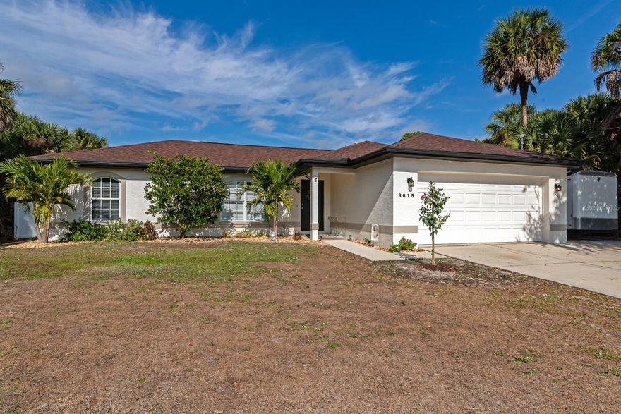 Welcome home! This move in ready house sits on a quiet residential street, with NO HOA or rental restrictions! This home is ready for YOU, with updates inside and out! New paint, new whole house RO system with transferrable warranty, new carpeting, new toilets, custom blinds, and tile floors professionally cleaned and sealed. The expanded concrete slab out front provides extra parking for your car, boat, or RV. The backyard is your own slice of paradise! Fully fenced with gate, multiple fruit trees, gorgeous fire pit area and outdoor patio. Perfect for pets, gardening or entertaining. Chicken coop with 6 chickens is optional to buyer. New roof 2022 
The house sits high and dry and is not in a flood zone. Close to future SMH North Port Hospital. This property checks every box! Schedule your showing today.