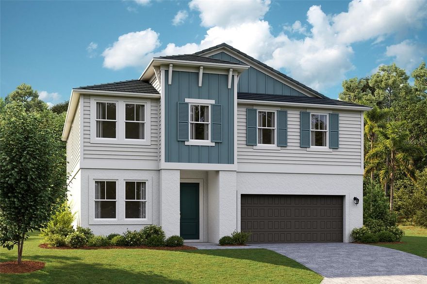 One or more photo(s) has been virtually staged. Under Construction. Welcome to the Lido, an expansive two-story home with 5 bedrooms, 3.5 bathrooms, and a tandem 3-car garage. The impressive design begins with a bold elevation and professionally designed landscaping that elevates the curb appeal. Step into the foyer and easily access a flex room, perfect for a home office or gym. The extended foyer opens to the designer kitchen, featuring 42” upper cabinets, stunning quartz countertops and new stainless-steel appliances, all overlooking the spacious main living area with luxury vinyl plank flooring. Easily transition to the outdoors through the sliding glass doors and enjoy meals or unwinding on the lanai. Rounding out the first floor is a private bedroom and bathroom, ideal for guests. Upstairs, retreat to the thoughtfully designed owner’s suite, complete with double vanity, a freestanding tub, a semi-frameless walk-in shower with floor to ceiling tile, and an oversized walk-in closet. The second floor also houses three additional bedrooms, a full bathroom, a convenient laundry room, and a versatile recreation space. You’ll find the ultimate blend of luxury and functionality in the Lido. 
Find the perfect balance of serene landscapes and modern amenities at Mirada. Homeowners at Mirada enjoy the beach lifestyle in Pasco County with a 15-acre man-made lagoon for swimming, kayaking, paddle boarding, and relaxing. Golf cart paths and spacious sidewalks invite residents to explore opportunities for outdoor recreation, including parks, playgrounds, and nature trails. Stay close to what’s important at Mirada, ideally located 30 minutes from Downtown Tampa and just minutes from Publix. From high-speed action—including super-fast ULTRAFi Wifi--to leisurely strolling or floating, at Mirada you can live life to the fullest. 
Images shown are for illustrative purposes only and may differ from actual home. Completion date subject to change.