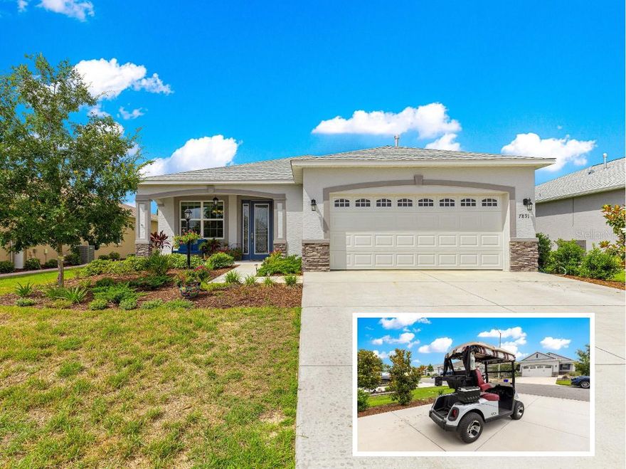 This upgraded Orchid model is located in the desirable Weybourne Landing within On Top of the World. Featuring 3 bedrooms, a flex room, 2 bathrooms, and a 2-car garage, the home welcomes you with a widened driveway, stone accents, covered porch, and glass-etched front door. Inside, enjoy Luxury Vinyl Plank flooring, crown molding, tray ceilings, and an open floor plan perfect for entertaining. The kitchen boasts granite countertops, backsplash, soft-close staggered cabinets, and stainless-steel appliances. The primary suite includes a walk-in closet and ensuite bath with dual granite vanities and a tiled walk-in shower. Relax on the screened lanai with privacy knee wall, or entertain on the open paver patio with a gas line for grilling. The golf cart conveys. Weybourne Landing offers a low HOA, gated entry, and amenities like a clubhouse, pool, fitness center, pickleball courts, dog park, and more. Schedule your private tour today!