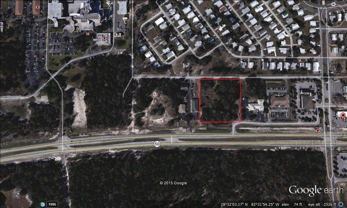 Commercial Vacant Land (1.94 Acres MOL) Zoned C-2 facing Cortez Blvd (Highway 50) with Direct Access in front of the property. This Property is 1/2 mile from the entrance to Oak Hill Hospital. The Property has a service road in front that has an entrance to Cortez Blvd (Highway 50) and an alley way at the rear of the Property that also leads to Oak Hill Hospital. Property has had a conceptual review with Hernando County Planning, showing three (3) 5000 sq. ft. and one (1) 340 sq. ft. buildings that would fit and be used as Medical or Office Professional. All needed utilities are at the property line.