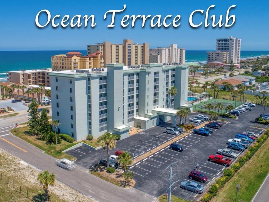 TOP FLOOR, PRIVATE BALCONY!!!!!!! ENJOY AWESOME OCEAN & RIVER VIEWS FROM THIS 2BR/2BA CONDO IN BEAUTIFUL DAYTONA BEACH SHORES!! This one owner well-maintained condo is located at Ocean Terrace Club which allows SHORT TERM RENTALS making it an  EXCELLENT INVESTMENT OPPORTUNITY, PRIMARY RESIDENCE OR VACATION HOME! See AMAZING SUNRISES from your COMPLETELY PRIVATE BALCONY overlooking the azure Atlantic Ocean! The primary bedroom has amazing ocean views & the primary bathroom has a tub/shower combination. Watch COLORFUL SUNSETS over the Intracoastal Waterway/Halifax River from your west facing windows in the kitchen & guest bedroom!! The kitchen has a convenient breakfast bar as well as a NEWER REFRIGERATOR, NEWER STOVE & NEWER MICROWAVE. The NEWER 40 GALLON HOT WATER HEATER assures that you & your guests can refresh with a hot shower or bath in comfort. The TOP QUALITY HURRICANE RATED SLIDING GLASS DOORS provide peace-of-mind and security as well as sound proofing. The BEACH WALKOVER is right beside the building to access the PRISTINE "NO DRIVE" BEACH to the south or take a wonderful ride on the DRIVE BEACH to the north, giving you the BEST OF BOTH WORLDS!! Community amenities include a secured entrance and on-site management. A sparkling pool is located on the south side of the building so it gets sun all day and no sand in the pool!! There are pickleball/tennis courts, a clubroom for gatherings & bicycle storage plus extra storage for residents on each floor. You'll also enjoy the convenience of having the CLOSEST RESERVED PARKING SPACE to the main entrance! The maintenance fee includes high-speed Internet and basic cable TV in addition to water, sewer, trash, pest control & building insurance. PET FRIENDLY up to 20 LBS. Great location near shopping, restaurants, entertainment, medical centers, marinas, charter fishing, airport & more! Live the best beach life & generate great rental income when you choose!!