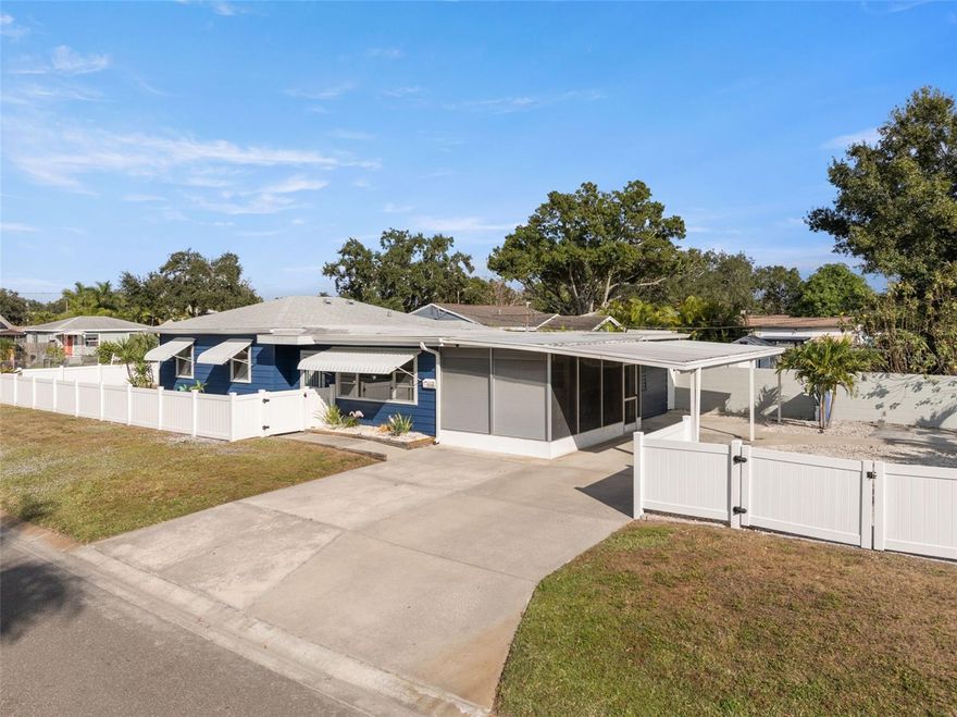 Are you paying for Boat Storage?  No more!! Super corner lot -  3 Bedroom, 2 Bathroom home with extra storage on the side of the house to store your Boat or RV! Also a bonus paved area with electrical add a Spa, Charge your Boat or RV and there's a water hookup right behind the house.  
This beachy cozy bungalow is ready for you!!  Your pets will love the newly fenced in yard! Lots of updates that include: Roof 2022, AC 2018, New Vinyl fencing 2021, New Rain Gutters 2022, Preventative Termite Tenting 6/2025 with transferrable Drywood and Subterranean warranty. Water Heater 2011. Updated Wooden Cabinets with soft close doors and drawers. Granite countertops. No more carpet! Seller installed Vinyl flooring in the bedrooms. Wood-look ceramic tile throughout most of the home.  
Large 11' x 18' screened in patio with TV wall mount to enjoy your sports games on the weekends! Utility room located off enclosed patio with Full Bathroom as a convenience when coming in from the outside! Seller added a free-standing AC unit for utility/storage room to keep you cool and comfortable. Gotta love the double driveway in front so there is no road parking necessary! 
Great location minutes to US19 and the interstate to bring you to beautiful Downtown St Pete or up to Tampa! Close to schools, hospitals and minutes to the Beaches and Airport. Lots of restaurants nearby. Property being sold "as-is" for the sellers convenience. 
Please enjoy the Virtual Tour ~