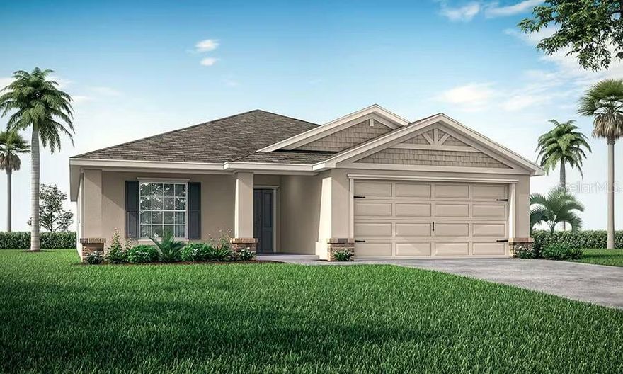 Under Construction. New construction home with 1819 square feet on one-story including 4 bedrooms, 2 baths, and an open living area. Enjoy an open kitchen with Quartz countertops, Samsung stainless steel appliances, a walk-in pantry, and a spacious counter height island, fully open to the dining café and gathering room. The living area, laundry room, and baths include luxury wood vinyl plank flooring, with stain-resistant carpet in the bedrooms. Your owner's suite is complete with a walk-in wardrobe and a private en-suite bath with dual vanities, a tiled shower, and a closeted toilet. Plus, enjoy a covered lanai, 2-car garage, custom-fit window blinds, architectural shingles, energy-efficient insulation and windows, and a full builder warranty. "Please note, virtual tour/photos showcases the home layout; colors and design options in actual home for sale may differ. Furnishings and decor do not convey.