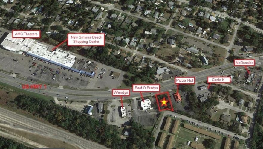 HEAVILY TRAVELED PRIME LOCATION on US 1, - South Dixie freeway, B-3 zoning, in busy corridor of Wendy's, McDonalds and Beef O'Bradys. Located across street from AMC Movie theater, Sherwin Williams paint store and Planet Fitness. Also located within 1/4 mile of an Elementary School. Middle School and High School. Daytona College campus as well. This parcel would be ideal for a drive thru liquor store, coffee shop (see photo of example) fast food or whatever you can imagine. Pizza Hut building next door is also available for purchase, thus increasing possibility for a larger development. Current survey is available.