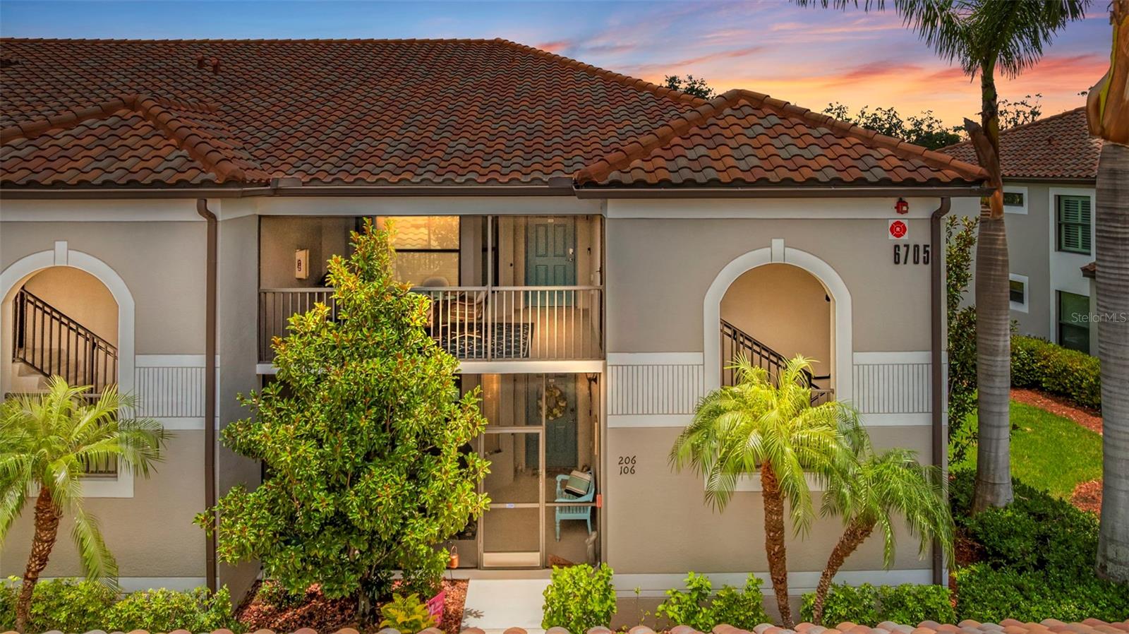 You’ll enjoy Florida living at its best in this meticulously maintained, "GOLF INCLUDED" top floor ABBEY floor plan. LIVING IS EASY, CONVENIENT & SECURE IN THIS MAINTENANCE FREE, ACTIVE LIFESTYLE COMMUNITY. Take in the morning sunrise and evening sunsets from this bright end unit featuring 2 screened lanais, vaulted ceilings, crown moldings, granite countertops, solid wood cabinets, S/S appliances and a detached GARAGE. The porcelain tile floors, installed on the diagonal, extend to the screened lanai area. The spacious owner's suite features an en-suite bath with his/hers walk-in closets, double vanity, garden tub and separate shower. This popular OPEN FLOOR PLAN also features high impact "hurricane" resistant windows/doors, a separate laundry room with built-in storage cabinets and a DEN with French doors and Murphy bed with side cabinets provides valuable bonus space that is flexible and can be adapted to a variety of uses. *Located within the gates of River Strand Golf and Country Club, ownership includes COUNTRY CLUB MEMBERSHIP in the 39,000 sq ft Tuscan inspired club house featuring a 27 hole Arthur Hills championship golf course, restaurant offering fine dining and grill room, pickleball courts, tennis club with 8 Har-Tru lighted courts, 2 fitness centers, 2 heated resort-style pools with hot tub, resistance pool plus 6 heated satellite pools.* Memberships are also transferrable to renters making River Strand a popular destination for seasonal renters if generating income is on your radar. World class shopping and dining are only minutes away or take a short drive to our award-winning beaches or numerous cultural & sporting activities. This unit has it all - just bring your suitcase and ENJOY the "LOCK & LEAVE" convenience of maintenance free living!
