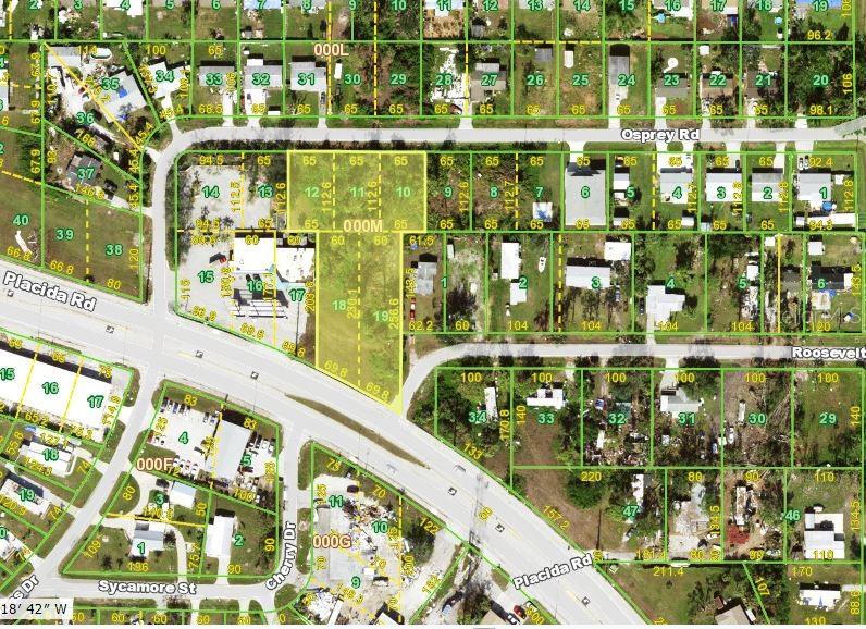 Commercial Property 2 Commercial Lots on Placida Rd and 3 Residential lots behind on Osprey Rd included. Frontage on three roads. Grove City location close to 776. Buyer to verify all zoning and building questions with the county