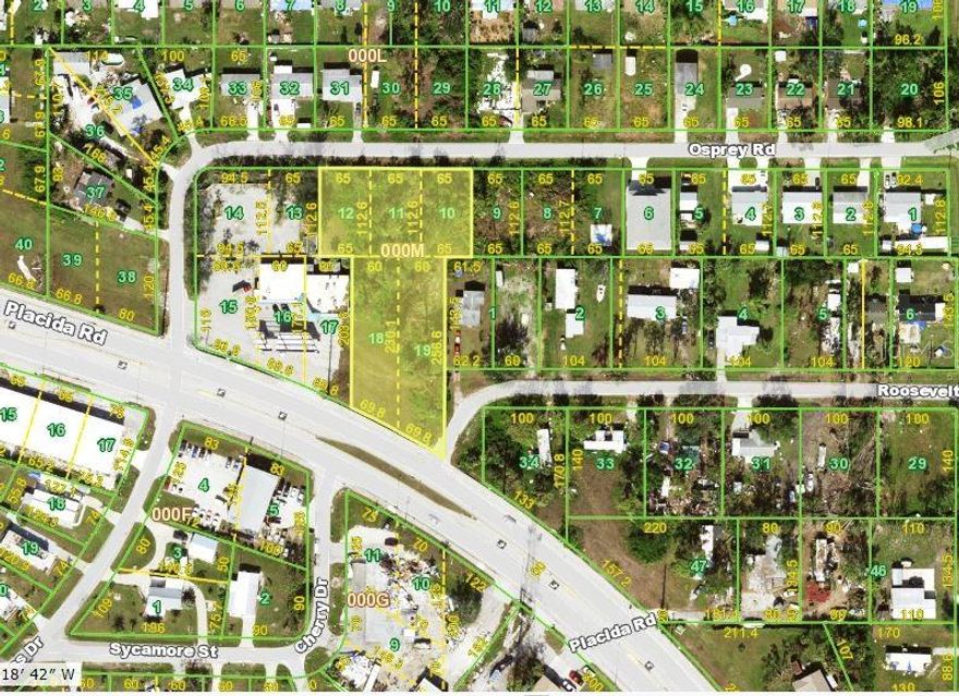 Commercial Property 2 Commercial Lots on Placida Rd and 3 Residential lots behind on Osprey Rd included.  Frontage on three roads. Grove City location close to 776. Buyer to verify all zoning and building questions with the county