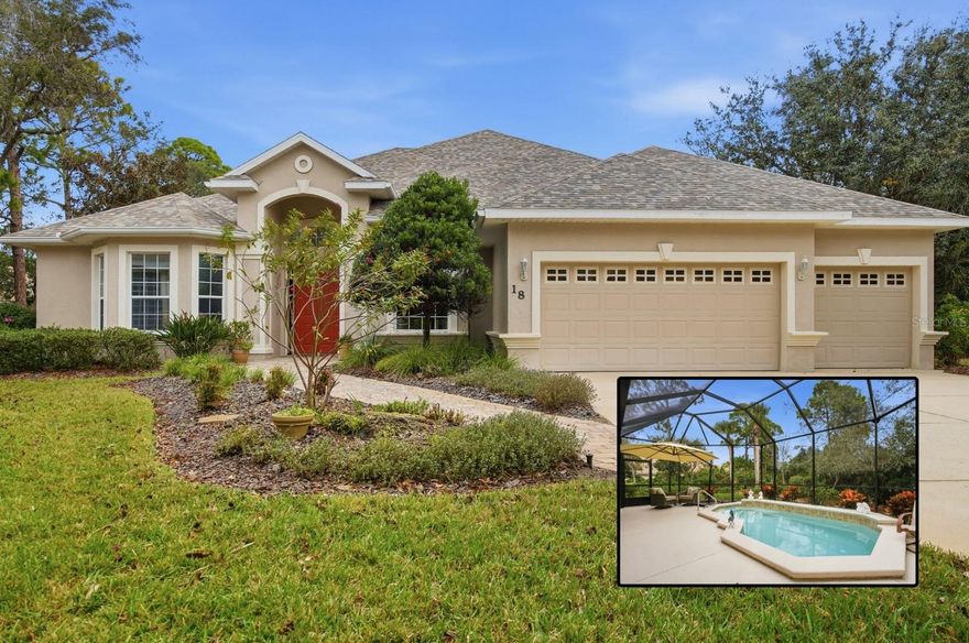 Beautifully maintained single-level home offering 4 bedrooms and 3 bathrooms, ideally situated at the end of a cul-de-sac. The open floor plan features 2,796 square feet of heated living space (3,859 total square feet) with 10-foot ceilings throughout.
The home includes a 3-car garage with mounted ceiling storage and a built-in workbench. Enjoy seamless indoor-outdoor living with a covered, screened lanai and solar-heated pool overlooking the 5th hole of the Grand Haven Jack Nicklaus Signature Golf Course.
Recent upgrades provide peace of mind and energy efficiency, including a new roof (04/2024, transferable warranty), solar panels (04/2024), A/C replacement (06/2023), hot water heater (01/2026), Rainbird irrigation timer/control panel (12/2025), and lanai screen (07/2019).
This well-appointed residence combines comfort, functionality, and scenic golf course living all on one level.