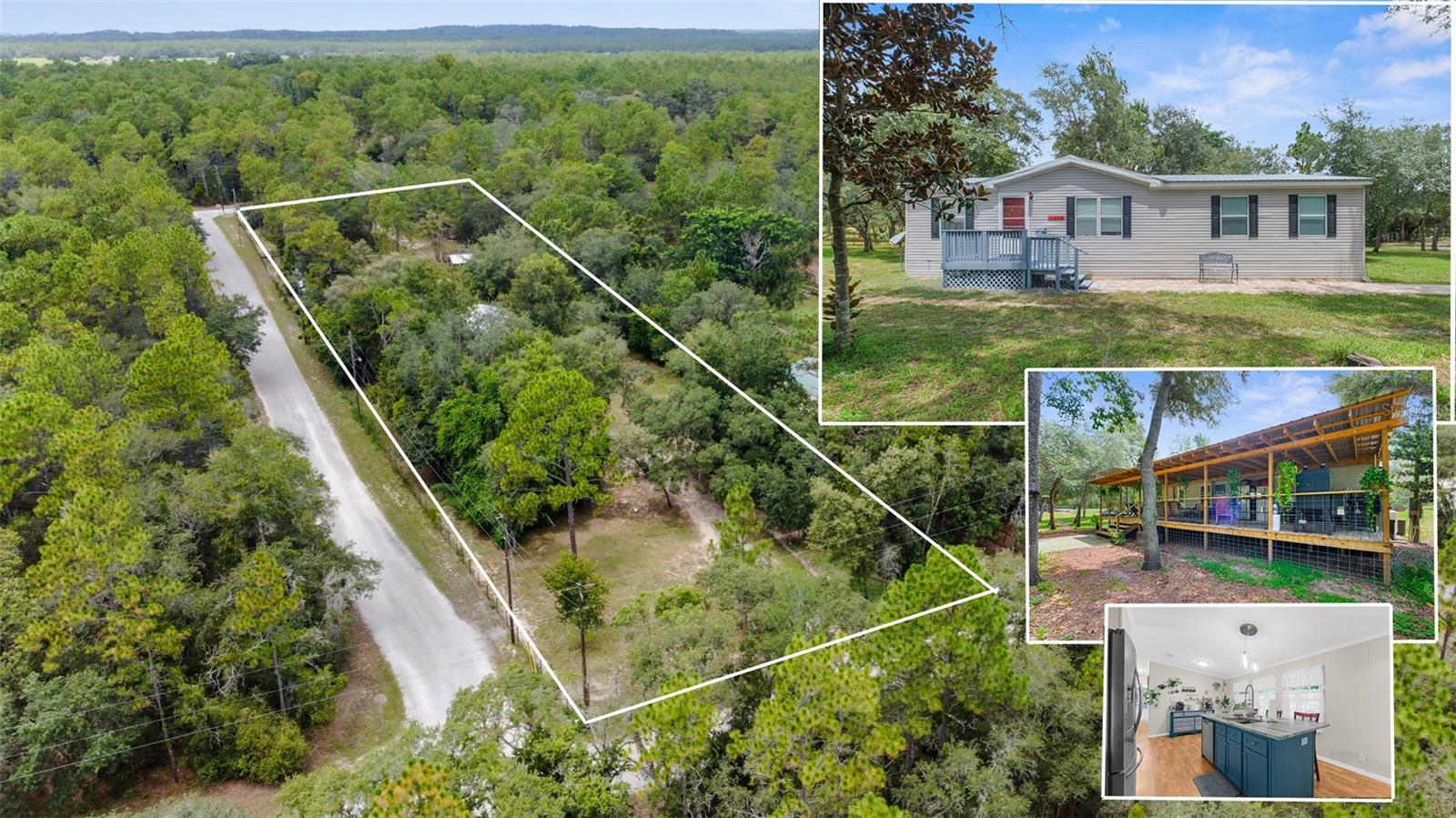MOVE-IN READY! 3 bedrooms + 2 bathrooms + large covered deck (54x14) for incredible outdoor living space + large detached metal garage + large metal carport + chicken coop and coral area for small animals + the property is completely fenced for your family and pets + nestled in the trees on 2.3 acres of gorgeous land + on a PAVED ROAD + NO HOA + NO FLOOD!! NEW METAL ROOF OVER in 2022!! 1,404 living space; 2054 total! This is freedom and country living at its best!
Great location in a neighborhood of similar properties all with a little land and space between homes!! With NO HOA...bring your RV, Camper, Boat, work vehicles, ATVs, UTVs, animals, pets...bring it all!!
The impressive part of this home, outside of the home itself, is the LARGE covered, WELL-BUILT, covered deck on the backside of the home which offers an impressive about of outdoor living space to enjoy grilling out, entertaining outside with family and friends, a place for the family to play and relax! Look at its construction when you are there - impressive! The front entrance has a brick-paver sidewalk entry! Enjoy sitting around he fire-pit in the evenings! The detached metal garage is 12x24. The carport is 20x20. Both are great to have when you have land!!
The home itself is well-cared for and clean!! The kitchen is remodeled gorgeous leather granite on the large kitchen island which is also a breakfast bar for additional seating! New stainless steel appliances...including a double-oven )so nice if you have never had one)! New designer lighting!
The master suite is ENORMOUS and has room to have it's own little living room inside it (or desk/media area). The master has an ensuite bathroom with dual sinks, a soaking tub and walk-in shower. The walk-in closet will wow you!! The home has a split floor plan for privacy for the master! The second and third bedroom and good sizes with a remodeled second bathroom with granite countertop, white cabinet, tub/shower combo! No carpet!! Ceramic tile in the bathroom and gorgeous wood-like laminate flooring throughout!
Whether you're dreaming of raising your own farm animals, collecting your farm-fresh eggs daily, growing your own vegetables...or just having all the land to have a large place for your family to enjoy peach and some privacy...this property offers it all!! Only 1 neighbor on 1 side! Doesn't get much better than that when you're looking for country-living!!
Located near Historic Floral City, Historic Brooksville, Inverness, Homosassa, Crystal River...you have so many great towns to visit for shopping, restaurants, festivals, boating, fishing, kayaking, swimming with the manatees in the springs and clear rivers, everything is just a short drive away in any directions!