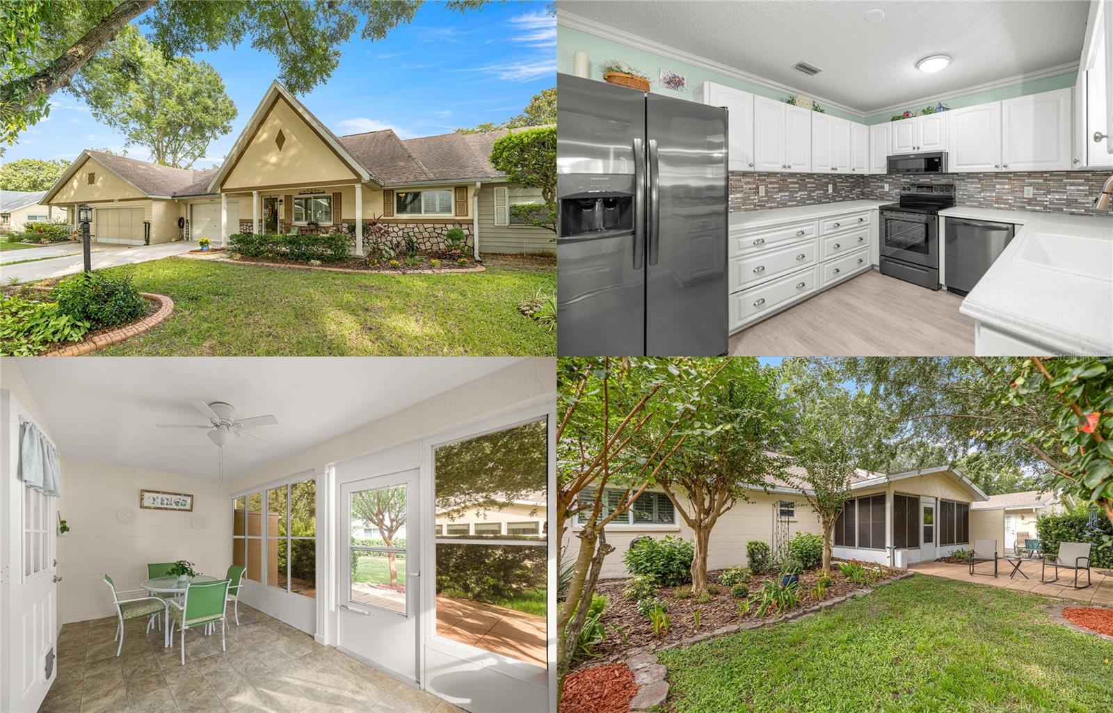 Welcome to this immaculate villa located in the highly sought-after 55+ community of On Top of the World, where resort-style living is truly extraordinary. This home offers 2 spacious bedrooms and 2 bathrooms, with the master bath featuring a granite countertop and the guest bath beautifully remodeled in 2024 with a quartz countertop. Plantation shutters throughout, gorgeous crown molding, and fresh interior paint add a touch of elegance. The light fixtures and fans were all replaced in 2022, while the spacious kitchen, overlooking the lanai, includes a charming breakfast nook with modern wood board panel accents. Enjoy the enclosed lanai with a private yard and open patio—perfect for grilling or simply relaxing. This vibrant community offers endless amenities, including pools, golf, tennis, pickleball, racquetball, biking and walking trails, dog parks, hobby clubs, fitness and recreation centers, an RC flying field and car track, bocce ball, horseshoes, archery, and much more. The maintenance fee covers lawn care, tree maintenance, exterior paint, pressure washing, and trash service, making it easy to enjoy a carefree lifestyle. With AC replaced in 2019, roof in 2018, and windows in 2018, this villa is move-in ready. Don’t miss this opportunity—schedule your showing today!