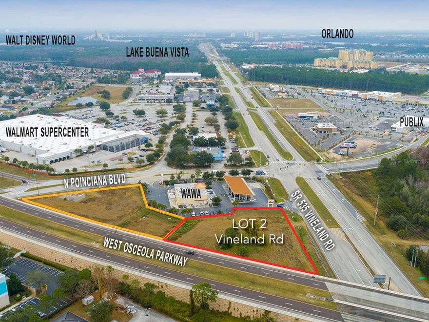 PRIME COMMERCIAL VACANT LAND in Kissimmee/LAKE BUENA VISTA area, near Walt Disney World®, with HIGH EXPOSURE. This land has frontage to SR 535/Vineland Rd with over 50,000 daily traffic count. Future use: Tourist Commercial, which allows for hotel/motel, food or retail. Nestled between Wawa Convenience Store and Gas Station and the West Osceola Parkway; just 1 Block from Walmart Supercenter; 1 Block from Publix at Sunrise City Plaza; 1 Mile to Lake Buena Vista Factory Stores; and just 10 minutes to Disney resorts and theme parks. Surrounded by a myriad of Hotels, Restaurants, Shopping, Attractions and much more! Ground lease may be considered. Many of the land studies have been done and will be available to the next buyer! The lot next to it is also available for purchase — see MLS O6241162.