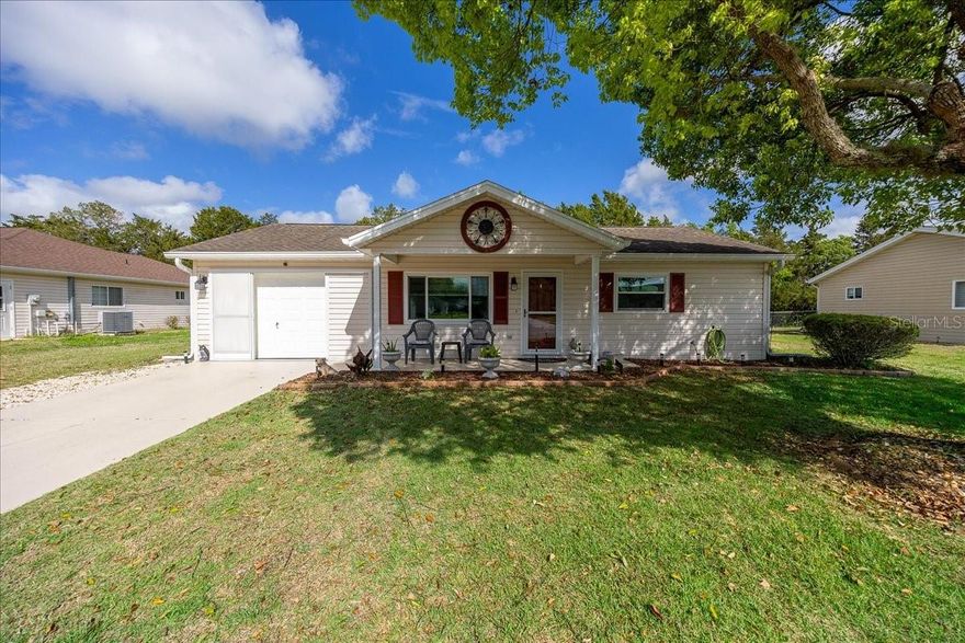 Located in Spruce Creek Preserve, an active adult 55+ Del Webb deed restricted gated community in Dunnellon just southwest of Ocala, this tastefully updated Sycamore model 2 Bedroom, 1 Bath, 1-Car Garage home sits on a lot with green space behind for added privacy and peaceful views. Recent and notable improvements include 2013 Roof, 2012 HVAC, brand new water heater, new front storm door, new garage door screens with privacy screening, custom window coverings, LVP and carpet flooring, updated bathroom with step-in shower, stainless appliances in the eat-in kitchen, under-sink water filter, new shutters on front door, freshly painted driveway and front porch, and a newly screened lanai. This community is surrounded on three sides by Ross Prairie State Forest, offering a quiet setting with abundant wildlife and natural scenery while still being convenient to shopping, dining, and medical facilities. The monthly HOA fee includes basic Spectrum fiber optic internet, trash pickup, and access to community amenities and activities, including a heated pool, hot tub, tennis, pickleball, fitness center, water aerobics, yoga classes, billiards, crafts, cards, Bingo, Bunco, library, chair volleyball, potluck dinners, dances, and social and travel groups. This property will not disappoint!