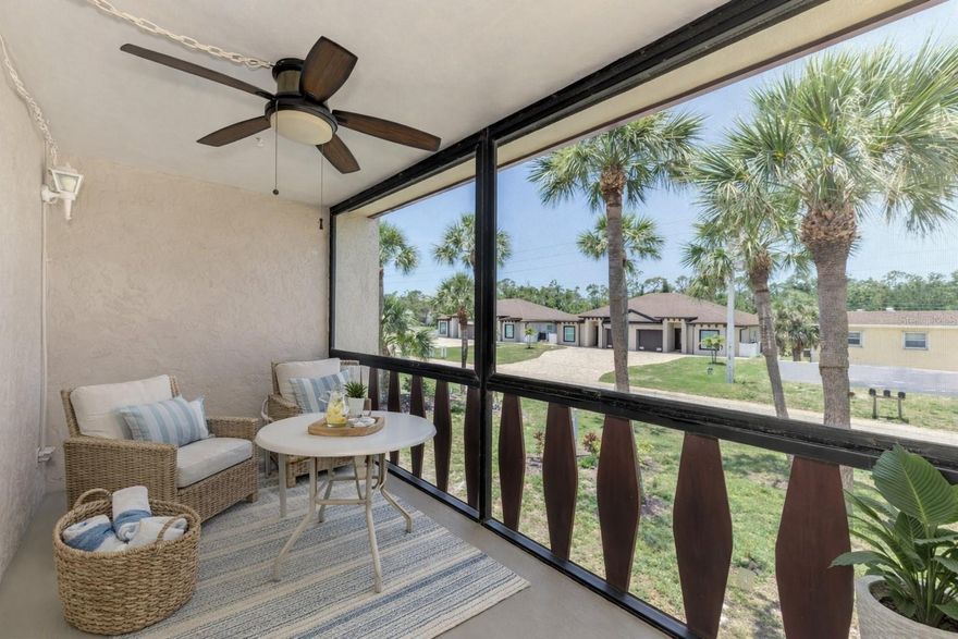 **Price Improvement!** Winter Retreat or Seasonal Rental -Enjoy pool and beach in Winter! SECOND FLOOR UNIT. Ideal Florida winter home in Rotonda West,…minutes to fishing and the beaches of Boca Grande! Clean, MOVE-IN READY, 2-bedroom, 2-bath, 2nd-floor condo (no one above you) offers a spacious 1,118 sq ft of comfortable living space in the desirable Riverhouse community. Partially furnished and ready for immediate enjoyment, this is the perfect seasonal retreat or full-time residence. Light and bright living space with a functional layout and spacious bedrooms. Stainless steel refrigerator and range. Relax on your covered and screened lanai enjoying the Florida weather or head out for a day of fishing, boating, or beachcombing — all just a short drive away. Well-maintained interior courtyard is lush with tropical plants as well as two community pools for your enjoyment. Riverhouse also features a community clubhouse, shuffleboard, tennis courts and gas BBQ grills. The area has grown in recent years and now this beachy community has all the modern conveniences nearby including Home Depot, Post Office, Restaurants, Medical…Restaurants, Golf, Marinas,…and of course the pristine beaches of Boca Grande and Manasota Key. (Reminder - this is an upstairs, 2nd Floor unit with stairs in the pretty tropical courtyard.) (One or more photos have been virtually staged.)