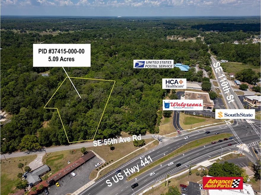 B-2 COMMERCIAL 5.09 acres high, dry and flat with all-important electric, water and sewer utilities in the City of Belleview.  Near the intersection of 110th St. and Hwy. 441 with 110' frontage on paved 55th Ave Rd a lot over from Walgreens and the Post Office. Exceptional opportunity to acquire only 5.09 acres or also the adjacent 5.15 acres next to Walgreens for a total of 10.24 acres. Ideally situated just off & overlooking Highway 441 with desirable B2 zoning, this property is well-positioned for a wide range of commercial and business uses, including retail, office, service establishments, medical, restaurants, and more. Up and coming “Belleview, the City in the Center,” is a short commute to Ocala, Silver Springs, Summerfield, The Villages, Ocala National Forest and I-75. The fastest growing area in Florida has a drastic shortage of popular commercial projects to support the rapidly expanding workforce and retiree population.