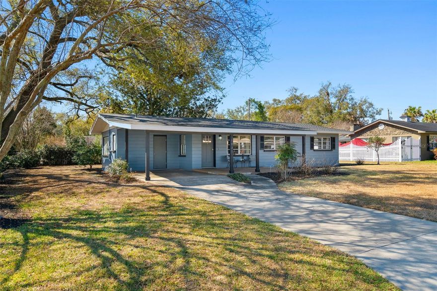 This charming 3/2 move-in ready block home is waiting for you.  This home is nestled in the heart of Lakeland's sought-after College Park area, making it ideal for students attending the nearby colleges. Listen up! Students and parents of students, stop throwing your money away in rent. Buy instead of renting to help make your financial future as bright as your education. You could even rent a room or two out to your friends and get an even better return on your investment. This would also be a great home for a retired couple looking for a peaceful home in a quiet neighborhood or a small family looking for a solid home with a big yard.  This corner lot is situated on .27 acres. The home has a brand-new roof, new central A/C, a brand-new wall unit A/C, as well as a brand-new electrical box for your peace of mind. Exquisite chevron wood paneling decorates most of the home. As you walk into the house, you are greeted by the new, beautiful, grey, neutral-toned luxury vinyl planks that flow throughout almost all of the home for an even flow. The Living Room/Dining/Kitchen combo allows for a great use of space, allowing everyone to be part of the conversation in this open floor plan. The kitchen features smart stainless steel appliances, granite countertops, a timeless white subway tile backsplash, real wood white shaker cabinets with soft-close pull-out drawers, recessed lighting, and an exhaust hood over the range in case your culinary creation takes a wrong turn. The home is equipped with reverse osmosis in the kitchen, so you can enjoy clean, crisp, refreshing drinking water without having to buy all those water bottles. The kitchen possesses a breakfast bar for more space for eating in the kitchen or to provide more seating. The office is perfect for working at home or studying, with a built-in desk and large enough to have some Flex Space a playroom or workout room. The guest bathroom contains a lovely marble vanity, a soft-close toilet, and a shower with a tub. Most of the rooms have ceiling fans to stay extra cool on hot days. The master bathroom includes a fishbowl vanity and a ceramic tile walk-in shower with a niche and has multiple rain shower heads.  Mature and beautifully landscaped, there is a giant oak tree and a southern magnolia tree to grant you plenty of shade. The property is lined with camellias, Japanese camellias, heavenly bamboo, and even has a crape myrtle tree to provide you with enchanting blooms and flowers. The front porch is a massive 17x13, great for relaxing on a warm day while enjoying some lemonade. The oversized carport is 20x13 and gives you plenty of room to park your car. The home is non-deed restricted and has no HOA, so you can enjoy living free. The home is conveniently located less than 5 minutes from Florida Southern College (FSC), just 1.8 miles away. Southeastern University is similarly close at 2.1 miles, taking only 5 minutes to reach. Polk State College is a quick 9-minute drive, or 4.2 miles, while Keiser University is only 6.2 miles away, about 13 minutes by car.  Additionally, you'll have access to beautiful nearby lakes, including Bentley, Hollingsworth, and Lake Parker, perfect for outdoor activities. Enjoy parks and recreational spaces surrounding this wonderful neighborhood, all while being just 9 minutes (or 3.1 miles) from the heart of downtown Lakeland.  With all this home and location has to offer schedule your private showing and come see it today!