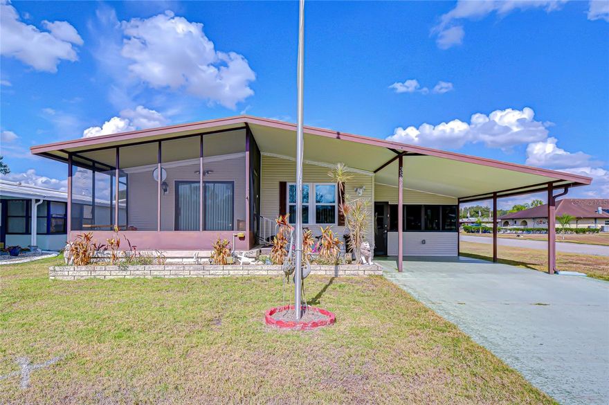 Welcome to Casa del Sol, a vibrant 55+ land-ownership community! This well-maintained, furnished 2-bed, 2-bath home sits on a generous corner lot. From the bright and inviting enclosed Florida room, step into a kitchen that offers ample cabinet space, a breakfast bar, dishwasher, cooktop, refrigerator, pantry, and a disposal — perfect for daily life or casual entertaining. The spacious living room features built-in storage, while a partial divider leads to a formal dining area complete with built-in shelving and a china buffet cabinet. The primary bedroom includes a private en-suite bathroom with a shower and walk-in closet. A second full bathroom down the hall offers a tub/shower combo for guests. The French doors off the Florida room open into a handy workshop/storage area, equipped with a mini split for year-round comfort. Beyond that lies the laundry/storage room for added utility. This home combines comfort, function, and a fantastic lifestyle in a community where you truly own your land. Schedule your private tour today!