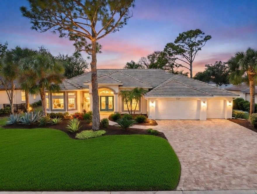 Welcome to this exceptional residence in the sought-after community of Calusa Lakes, gracefully positioned along the 13th fairway of the championship-level semi-private golf course and framed by impeccable curb appeal. A stately paver driveway and walkway are complemented by lush, manicured greenery, creating an inviting first impression. The highly coveted 3-CAR garage provides ample space for vehicles, storage, or hobby pursuits. Inside, the thoughtfully renovated interior showcases light, contemporary cabinetry, an elegant backsplash, quartz countertops, and a gas range—perfectly suited for the culinary enthusiast. The home features four bedrooms, two of which are enhanced with spacious walk-in closets, and one could also be utilized as an ideal private office or den space. There is a seamless flooring design with no carpet throughout, ensuring both sophistication and ease of maintenance. The primary suite is privately situated on its own side of the home, offering a tranquil retreat. Its beautifully updated bath includes a spacious walk-in shower designed with comfort and style in mind. Step outside to the west-facing travertine deck, where a private heated pool and spa invite relaxation. The outdoor living space is further enhanced by an outdoor shower, a new pool heat pump, and solar panels for energy efficiency. Residents of Calusa Lakes enjoy outstanding community amenities, which include a championship-level semi-private golf course; however, residents are not required to join the club. The community has also added brand new pickleball courts for active lifestyles and friendly matches right in the neighborhood. Additional recent upgrades include a NEW ROOF (2022), a new HVAC system (2025), and full hurricane protection for peace of mind. Ideally located just moments from the charming boutiques, fine dining, and performing arts venues of Venice Island. This home also offers convenient access to Gulf beaches, major highways, and a new hospital facility—blending refined living with everyday convenience. BE SURE TO VIEW THE 3-D & AERIAL TOURS.