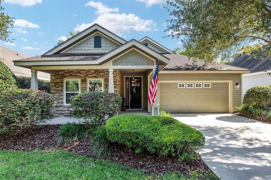 Fantastic, turn key open and bright home for rent in Haile Plantation's Market Square neighborhood. Available now. This 3 bedroom, 2 bathroom home was built in 2010. The contemporary floor plan features wood floors, high ceilings and lots of natural light. Haile Plantation is an award-wining new urbanist community of single family and multi-family neighborhoods surrounding a village, Publix market and a Gary Player designed golf course. Optional country club, Hawkstone, includes tennis, fitness, two pools, and Pilates/yoga. There are miles of trails, numerous bike paths, and many play grounds and parks. From the front sidewalk, off the cul-de-sac street you enter the front porch and covered entry. The foyer opens to the split bedroom plan. To the left are two bedrooms and the shared guest bathroom. The Great Room has crown molding and wood flooring. It opens to the Primary Suite. This room has large windows that overlook the rear yard. Off the room is the walk-in closet and primary bathroom. The bathroom has a private water closet, jetted tub, separate shower and vanity with double sinks. The Great Room is open to the kitchen with breakfast bar, granite counter tops and 42 inch wood cabinets. There is a pantry and separate dining area. The rear yard is fenced with an open paver patio, fire pit and covered, open porch. The home has an indoor laundry room with washer and dryer. There is an attached, two-car garage. Walking distance to an RTS bus stop, Haile Publix shops, restaurants and offices. Haile Plantation is 6 miles to the University of Florida, UF Health/Shands and the Gainesville VA. Zoned for A-rated schools: Chiles Elementary, Kanapaha Middle and Buchholz High Schools.