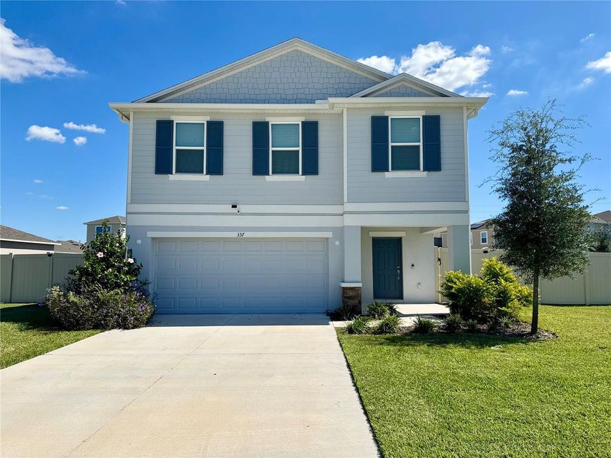 Welcome to your new luxury home nestled in Marion Creek. This is a modern, move in ready home built by Taylor Morrison that blends style, comfort, and convenience. Nestled on an oversized corner lot in a peaceful community, this home offers the perfect balance of space and sophistication. Step inside to an open concept layout featuring stone countertops, stainless steel appliances, and recessed lighting that brightens every corner. The spacious kitchen flows effortlessly into the living and dining areas, creating the ideal setup for entertaining or relaxing with family. Upstairs, a loft area provides flexible space for a playroom, home office, or media area. Retreat to the luxurious primary suite, complete with double vanities and a walk-in shower. Guests will also enjoy their own double vanity bathroom, ensuring comfort and convenience for everyone. Additional highlights include a vinyl privacy fence, water filtration system, and a dedicated laundry room. An abundance of warranties are transferable with this home as well. Located just a short drive from Disney World, Orlando attractions, shopping, and dining, this home offers the best of Central Florida living while maintaining the tranquility of a family friendly neighborhood.